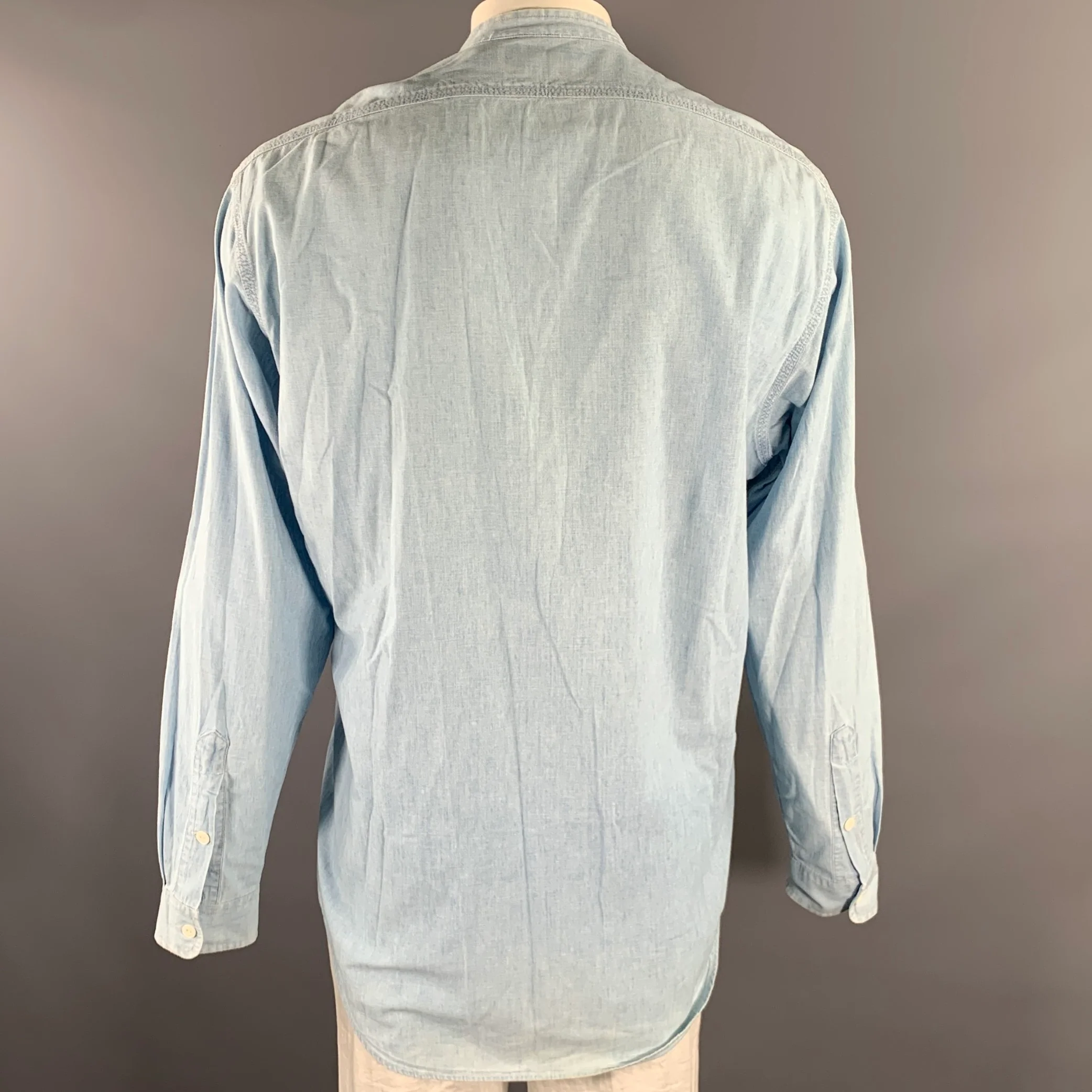 RRL by RALPH LAUREN Size L Light Blue Cotton Band Collar Long Sleeve Shirt - Image 4