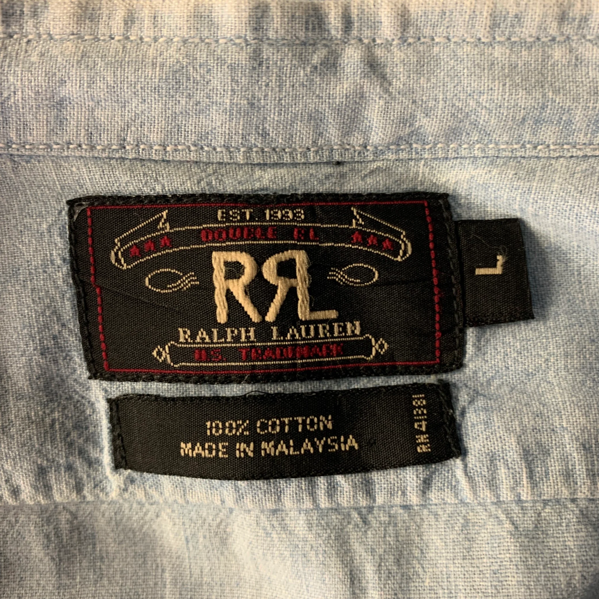 RRL by RALPH LAUREN Size L Light Blue Cotton Band Collar Long Sleeve Shirt - Image 5