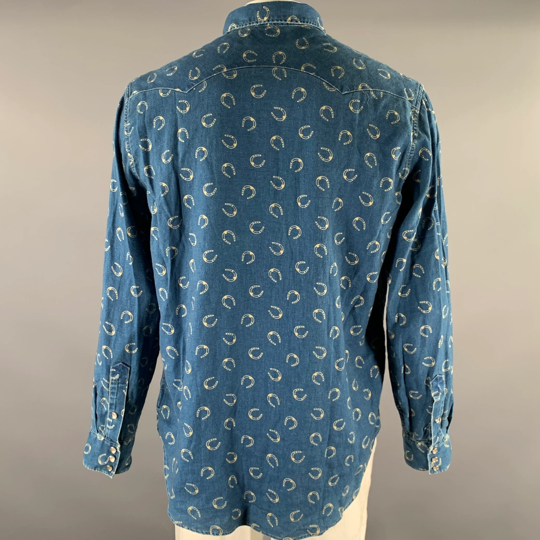 RRL by RALPH LAUREN Size XL Blue Cream Horseshoe Print Cotton Linen Overshirt - Image 4
