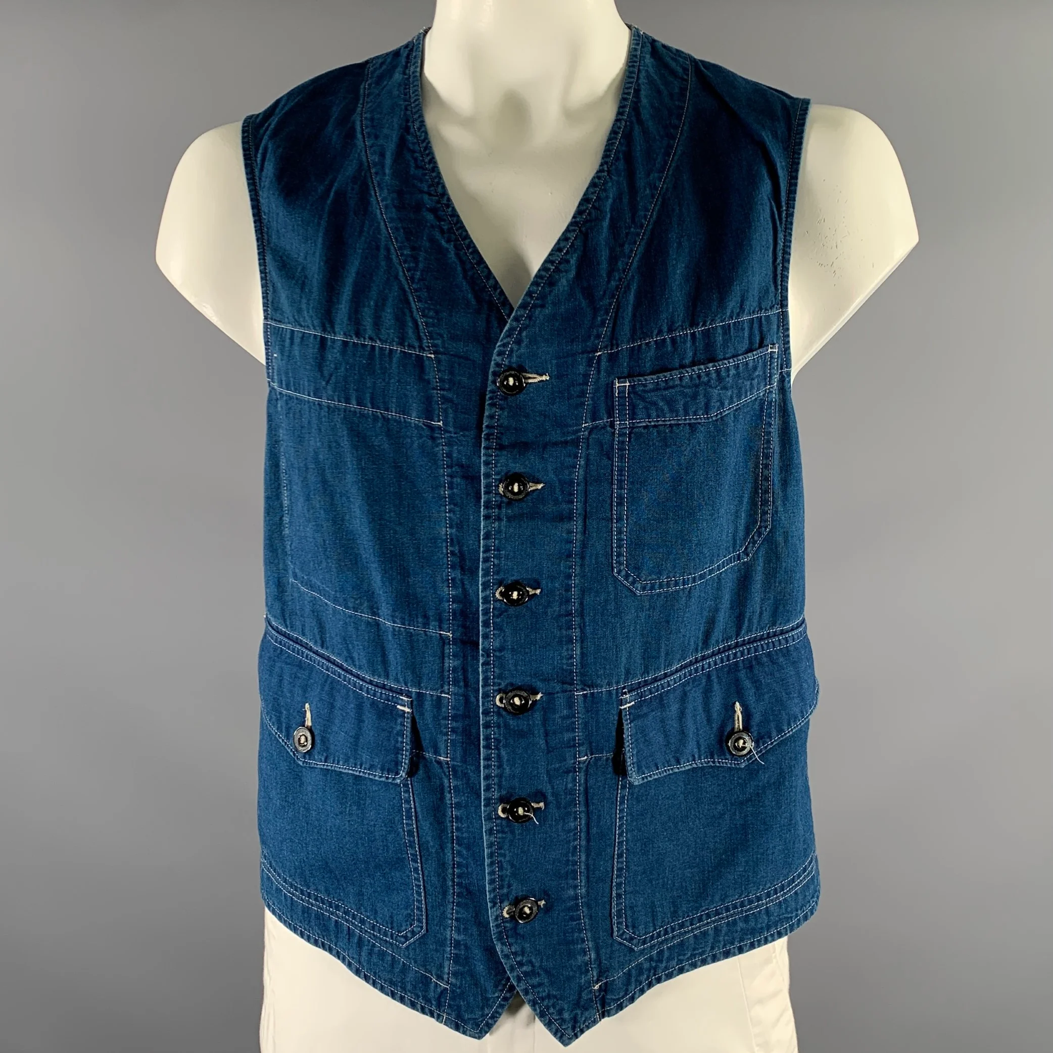 RRL by RALPH LAUREN Size XL Navy Indigo Contrast Stitch Cotton Worker Vest