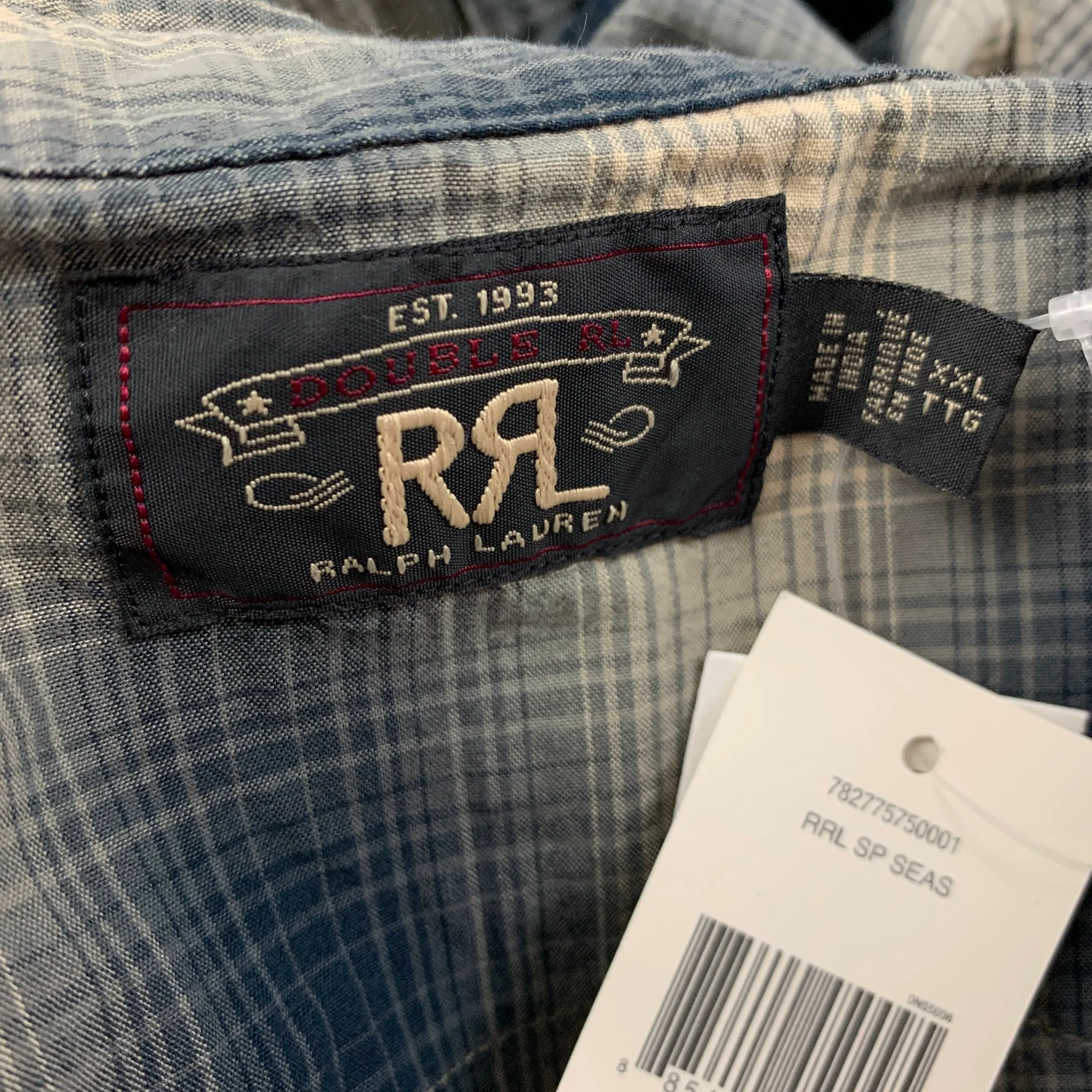 RRL by RALPH LAUREN Size XXL Grey Navy Plaid Button Up Long Sleeve Shirt - Image 4