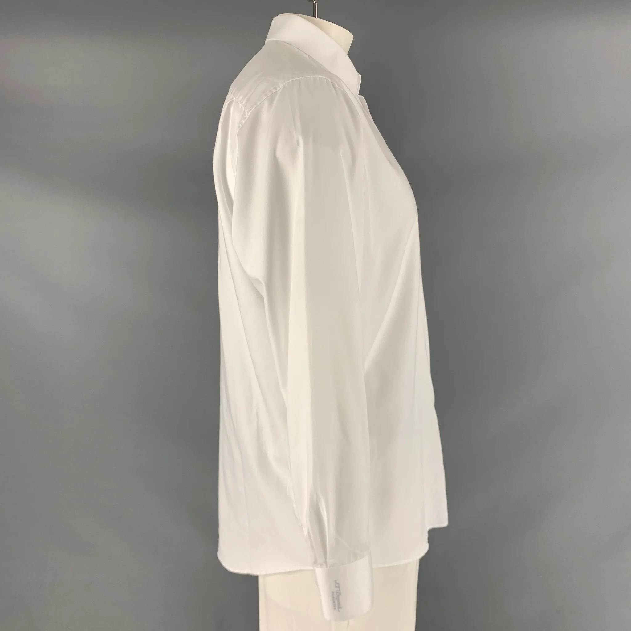 S.T.DUPONT Size L White Solid Cotton Button Up Long Sleeve Shirt - Image 2