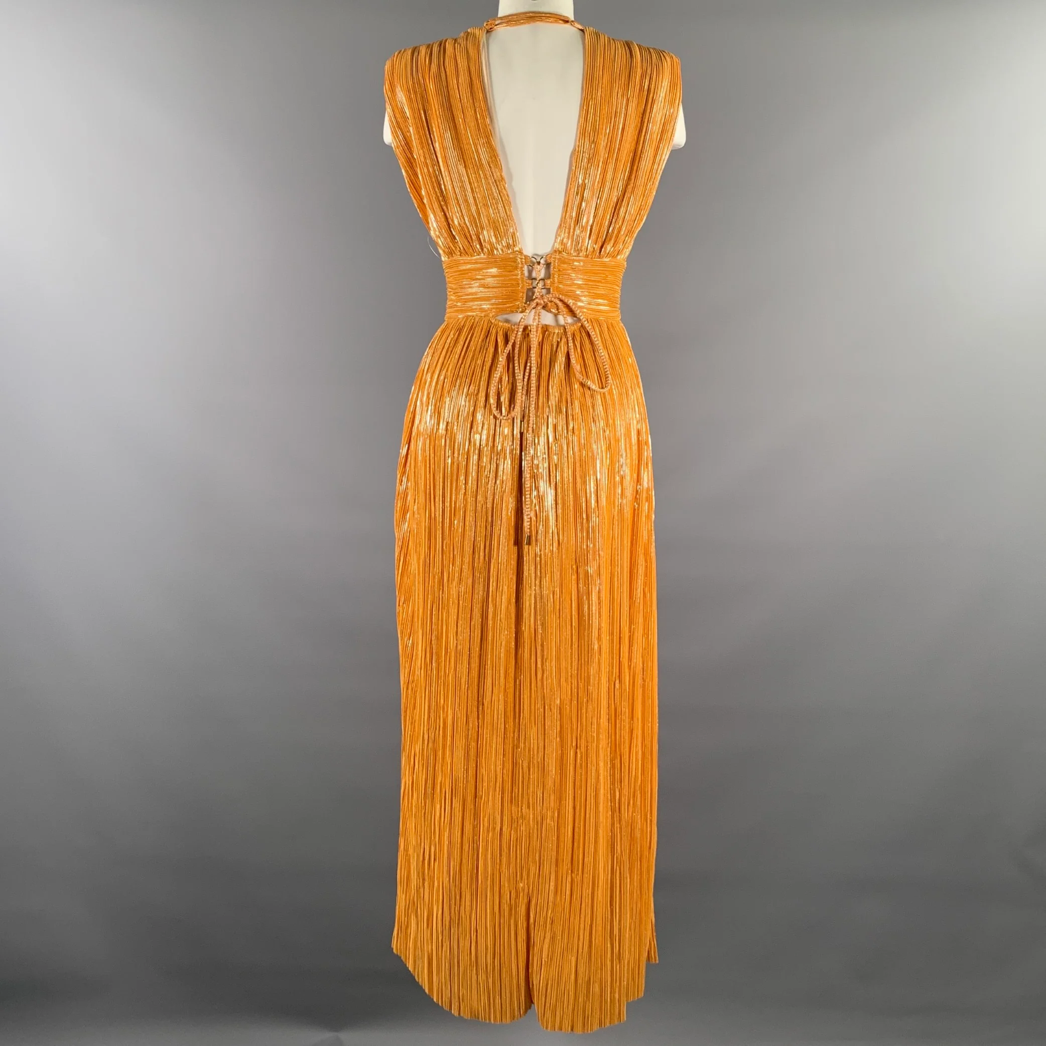 SABINA MUSAYEV Size M Gold Orange Lurex Pleated Long Dress - Image 3