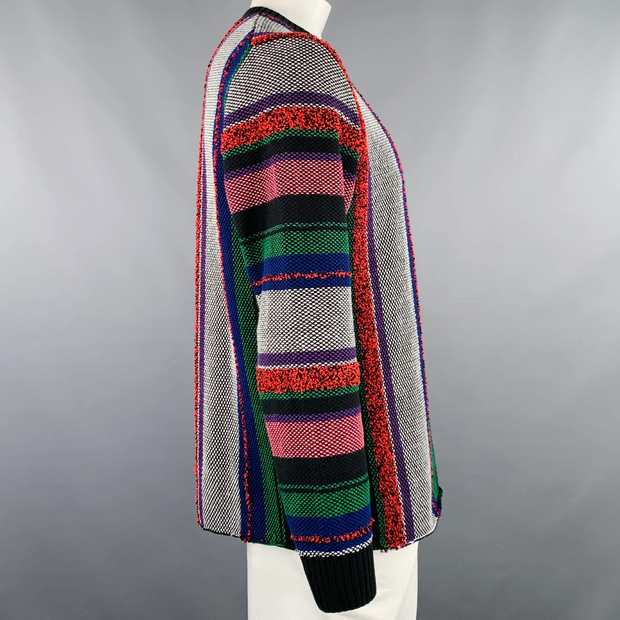 SACAI Size L Black Multi Color Stripe Cotton Blend One Pocket Sweater - Image 3