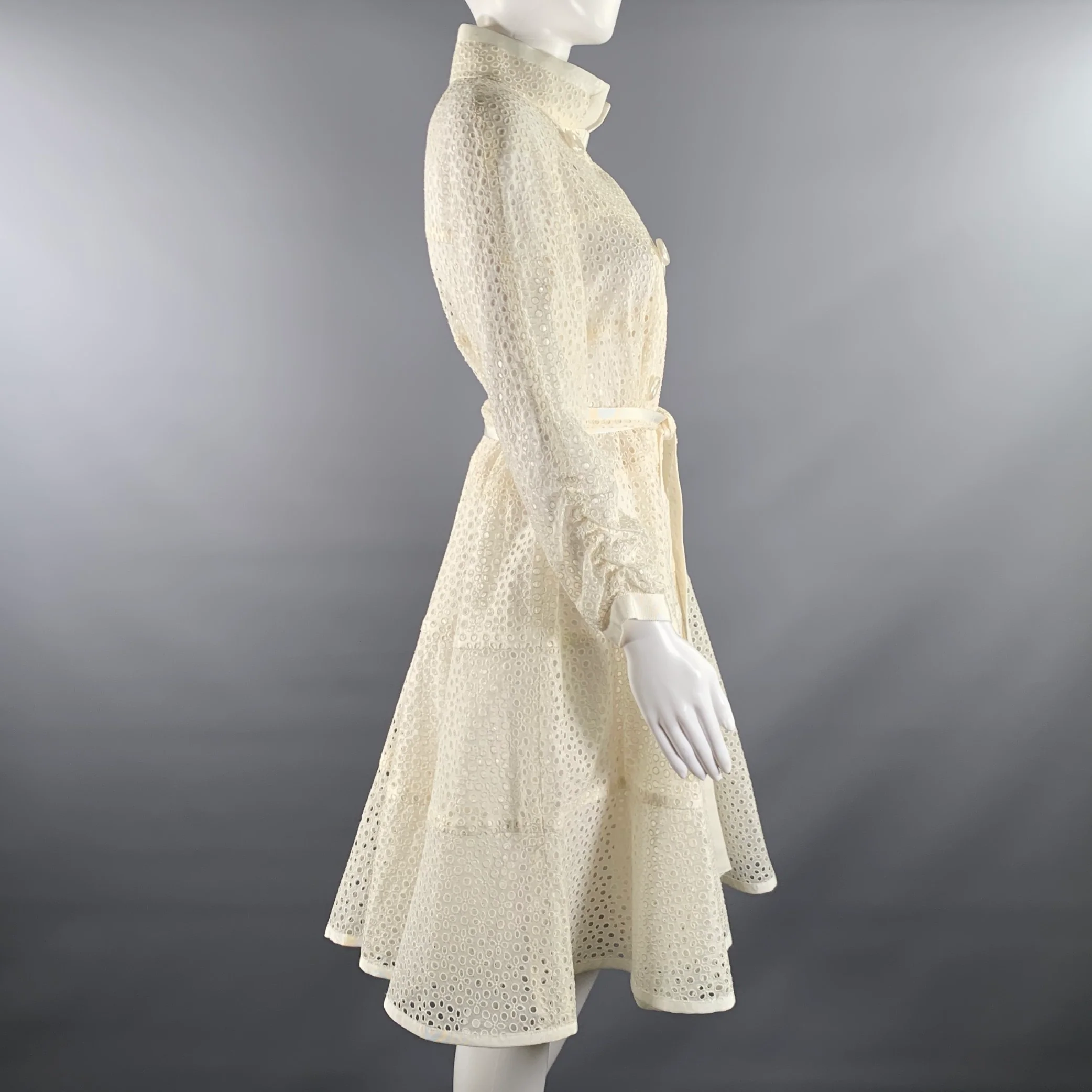 SACAI Size M Off White Beige Wool Blend Perforated Trench Coat - Image 3