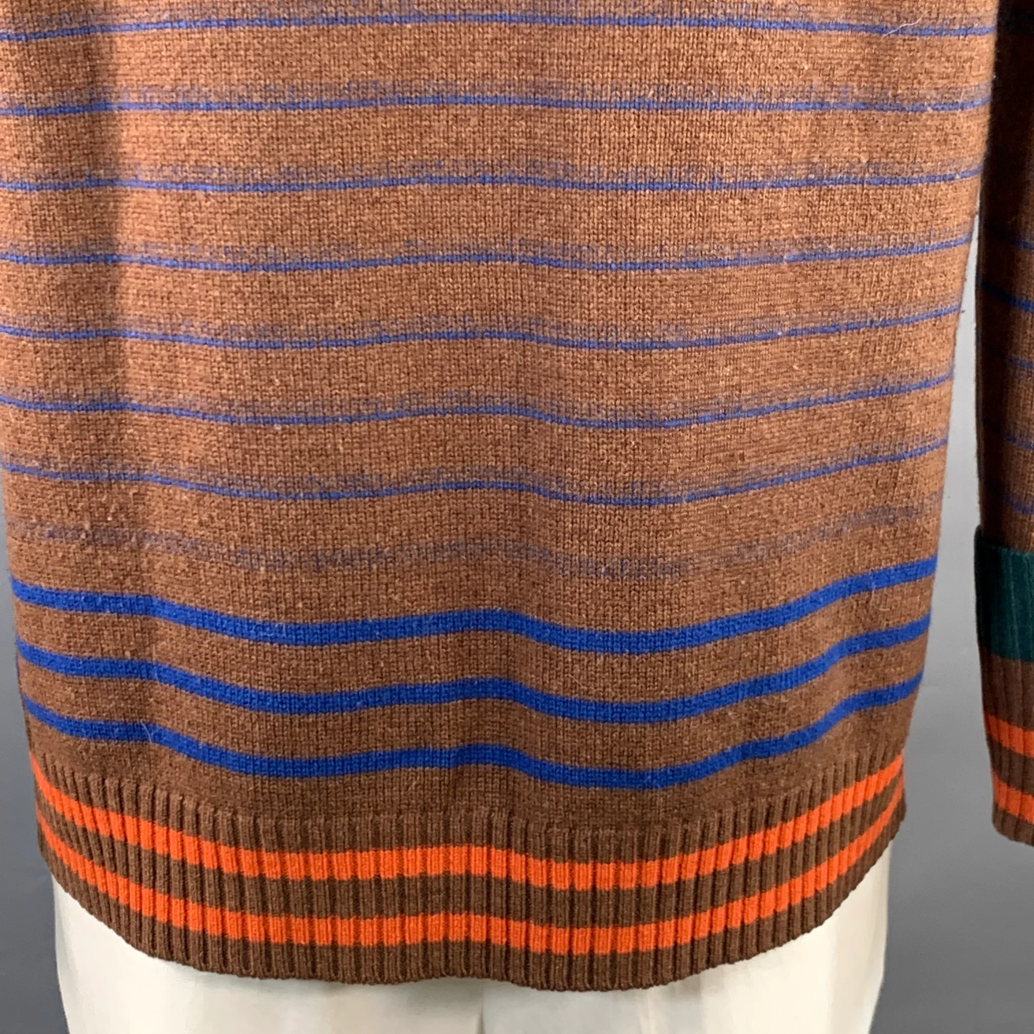 SACAI Size XL Brown Blue Orange Stripe Wool One Pocket Crew Neck Sweater - Image 4