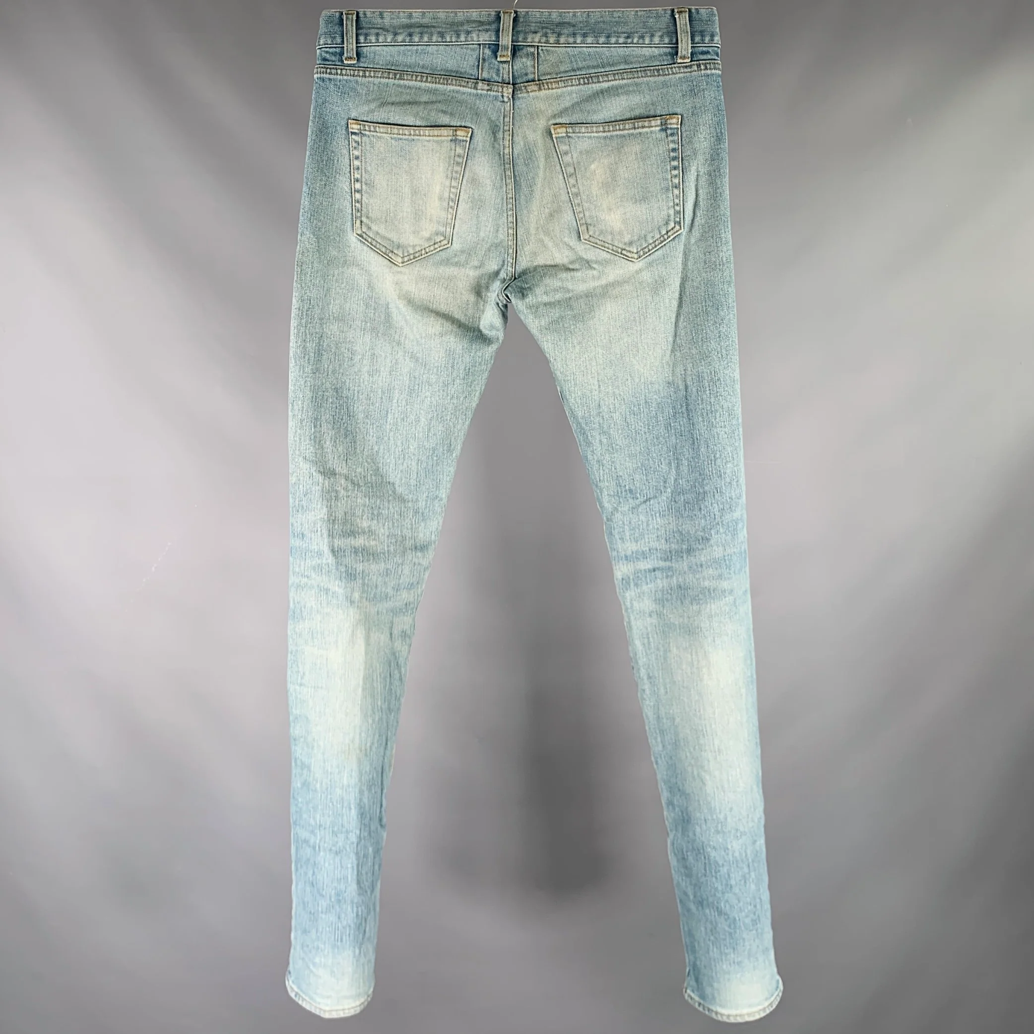 SAINT LAURENT 2016 Size 31 Blue Distressed Cotton Blend Narrow Leg Jeans - Image 3
