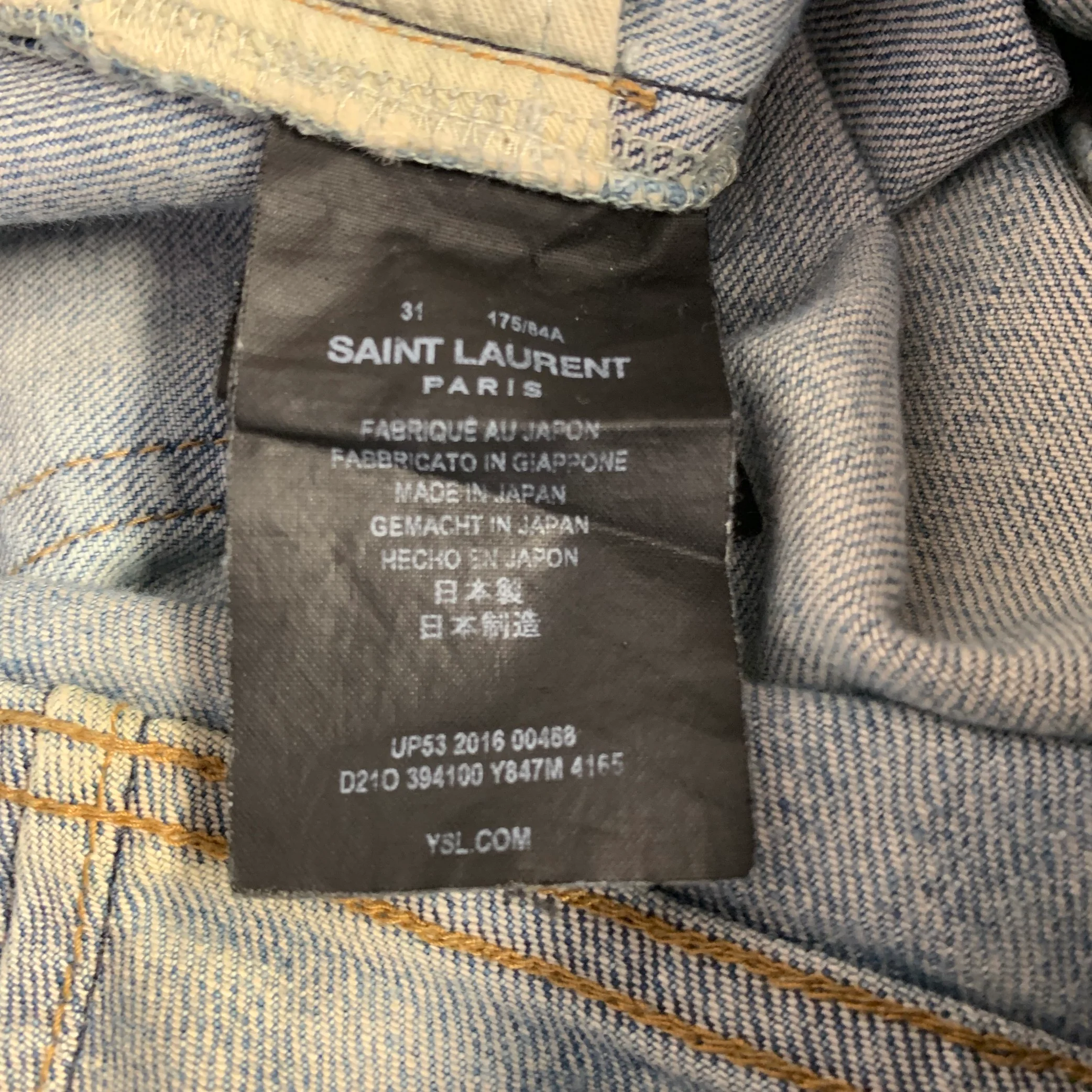 SAINT LAURENT 2016 Size 31 Blue Distressed Cotton Blend Narrow Leg Jeans - Image 6