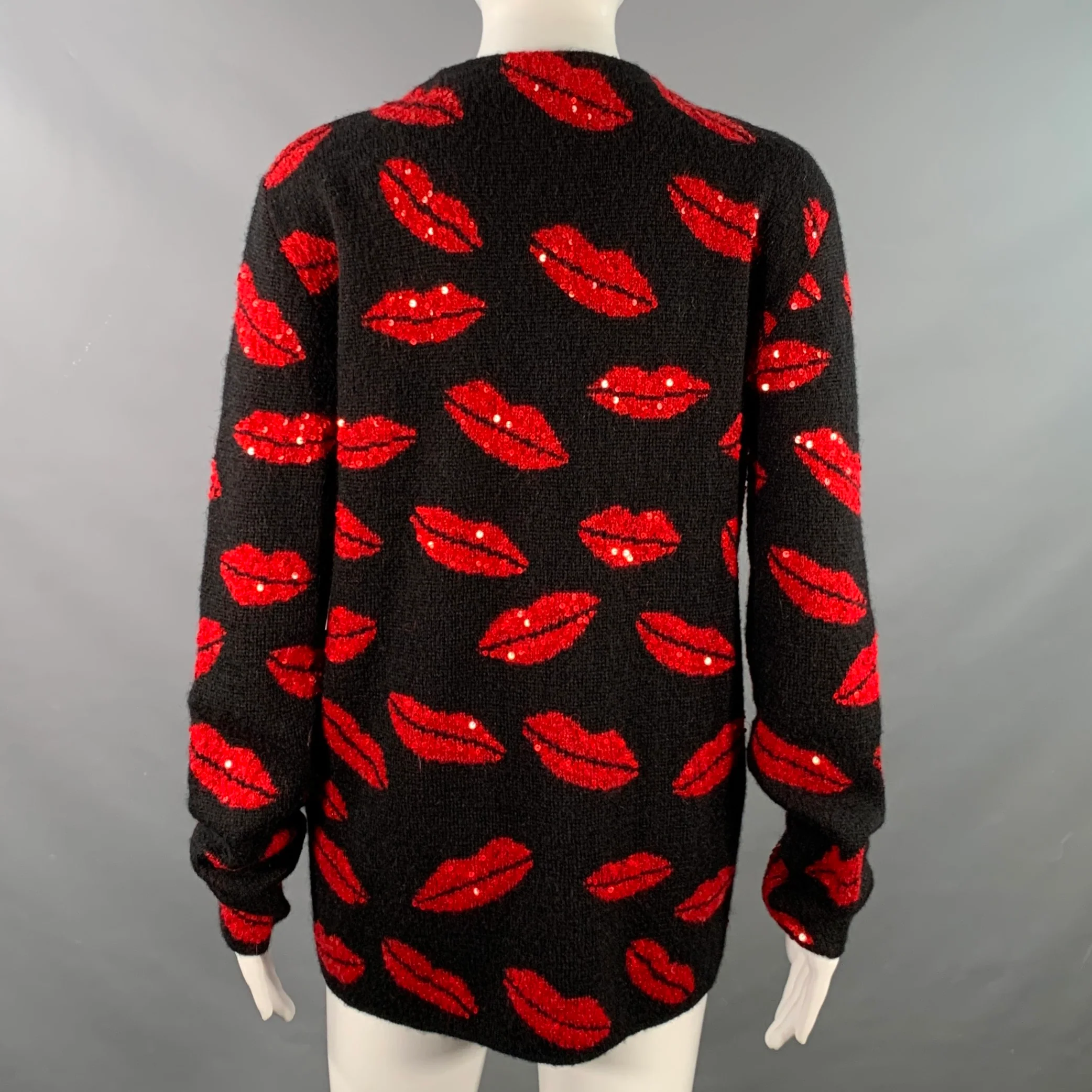 SAINT LAURENT 2016 Size S Black Red Lipstick Kisses Mohair Blend Sequined Cardigan - Image 4
