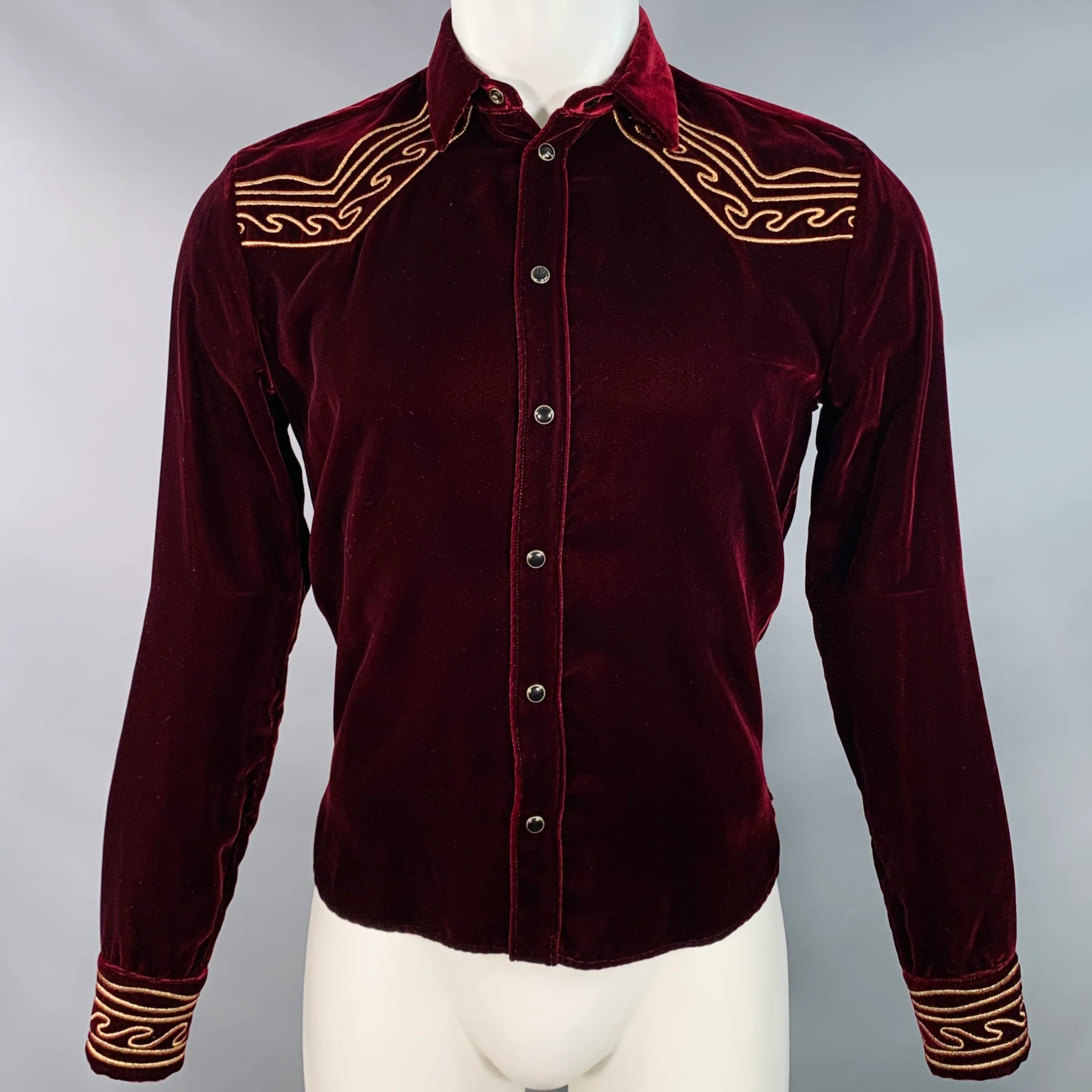 SAINT LAURENT AW18 Size M Burgundy Gold Embroidery Velvet Western Long Sleeve Shirt