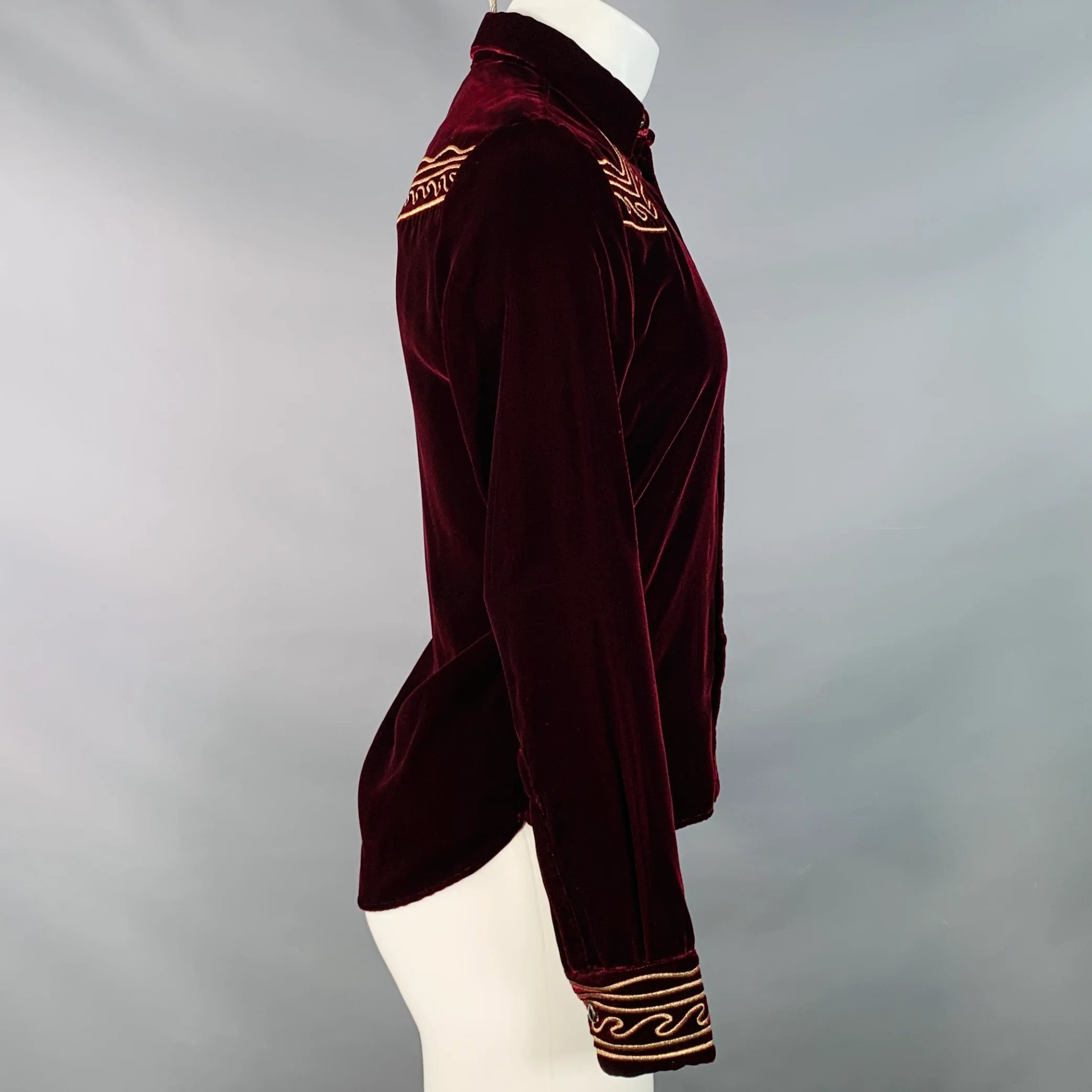 SAINT LAURENT AW18 Size M Burgundy Gold Embroidery Velvet Western Long Sleeve Shirt - Image 3