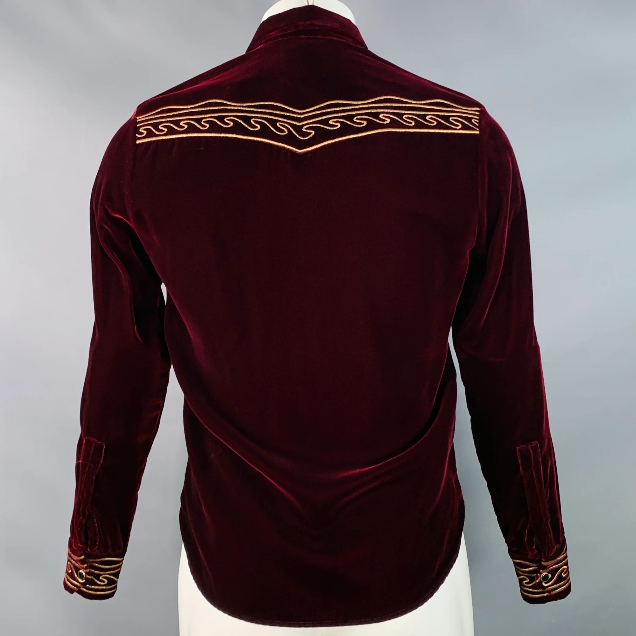SAINT LAURENT AW18 Size M Burgundy Gold Embroidery Velvet Western Long Sleeve Shirt - Image 4