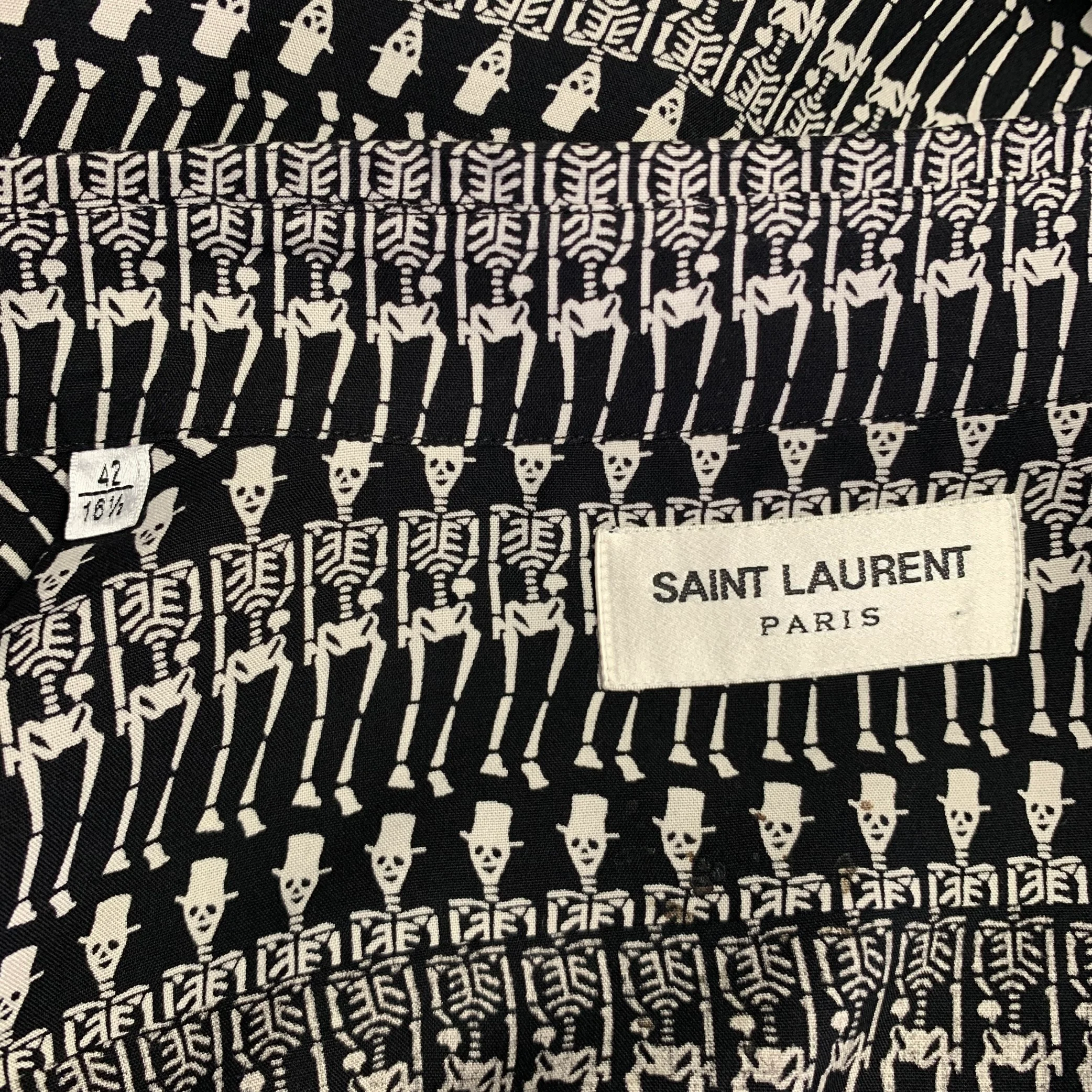SAINT LAURENT FW16 Size L Black White Skeleton Viscose Button Up Long Sleeve Shirt - Image 5