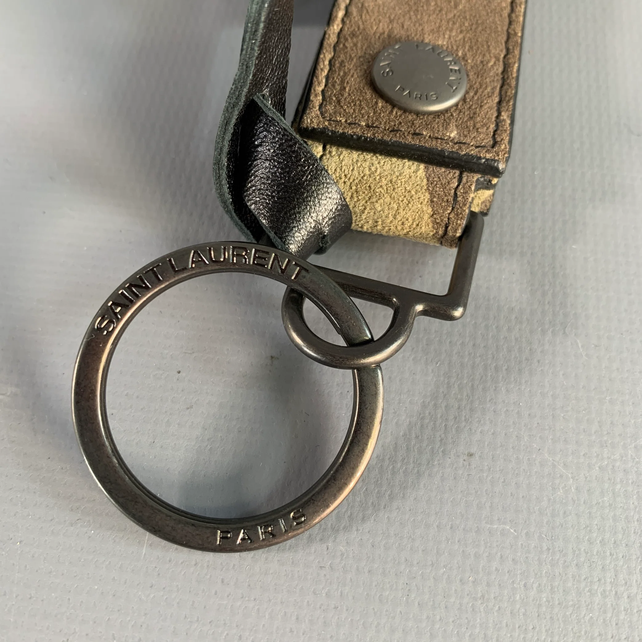 SAINT LAURENT Green Black Camouflage Suede Metal Bag Charm - Image 3