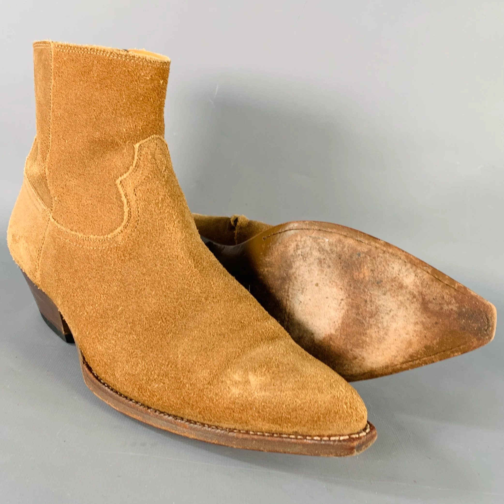SAINT LAURENT Size 10 Camel Suede Side Zipper Western Cowboy Ankle Boots - Image 5