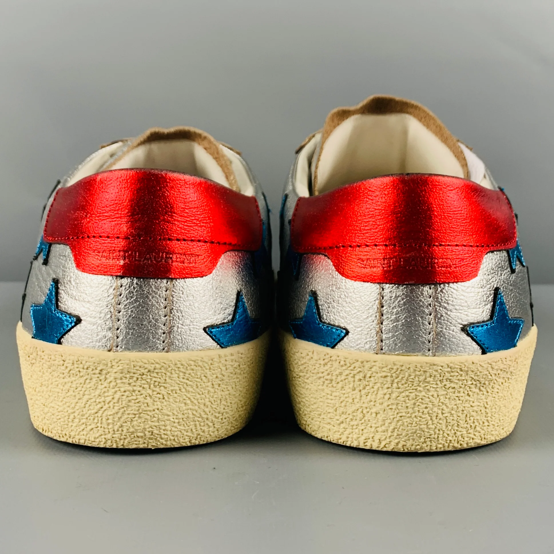 SAINT LAURENT Size 11 Silver Blue Stars Leather Low Top Sneakers - Image 3