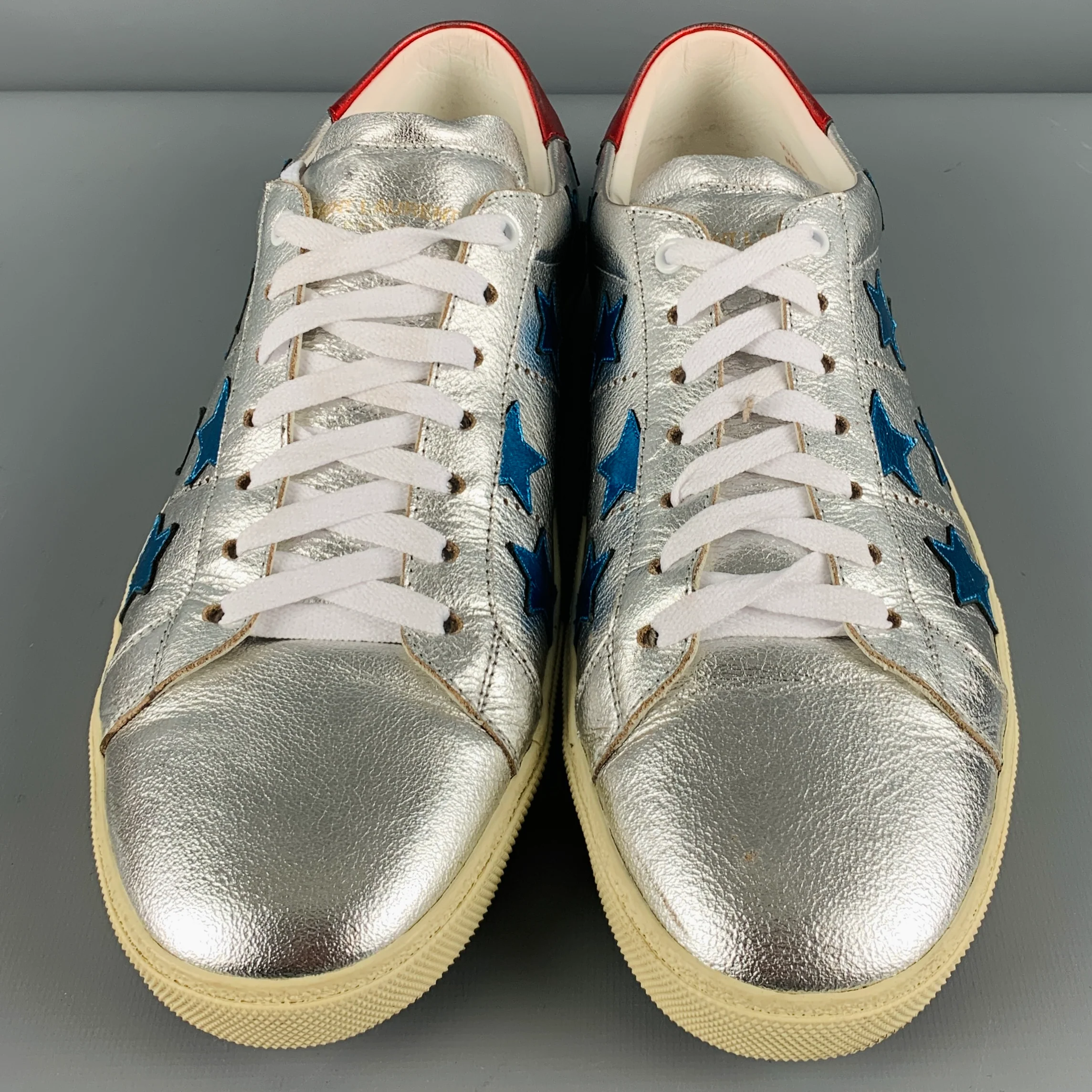 SAINT LAURENT Size 11 Silver Blue Stars Leather Low Top Sneakers - Image 4
