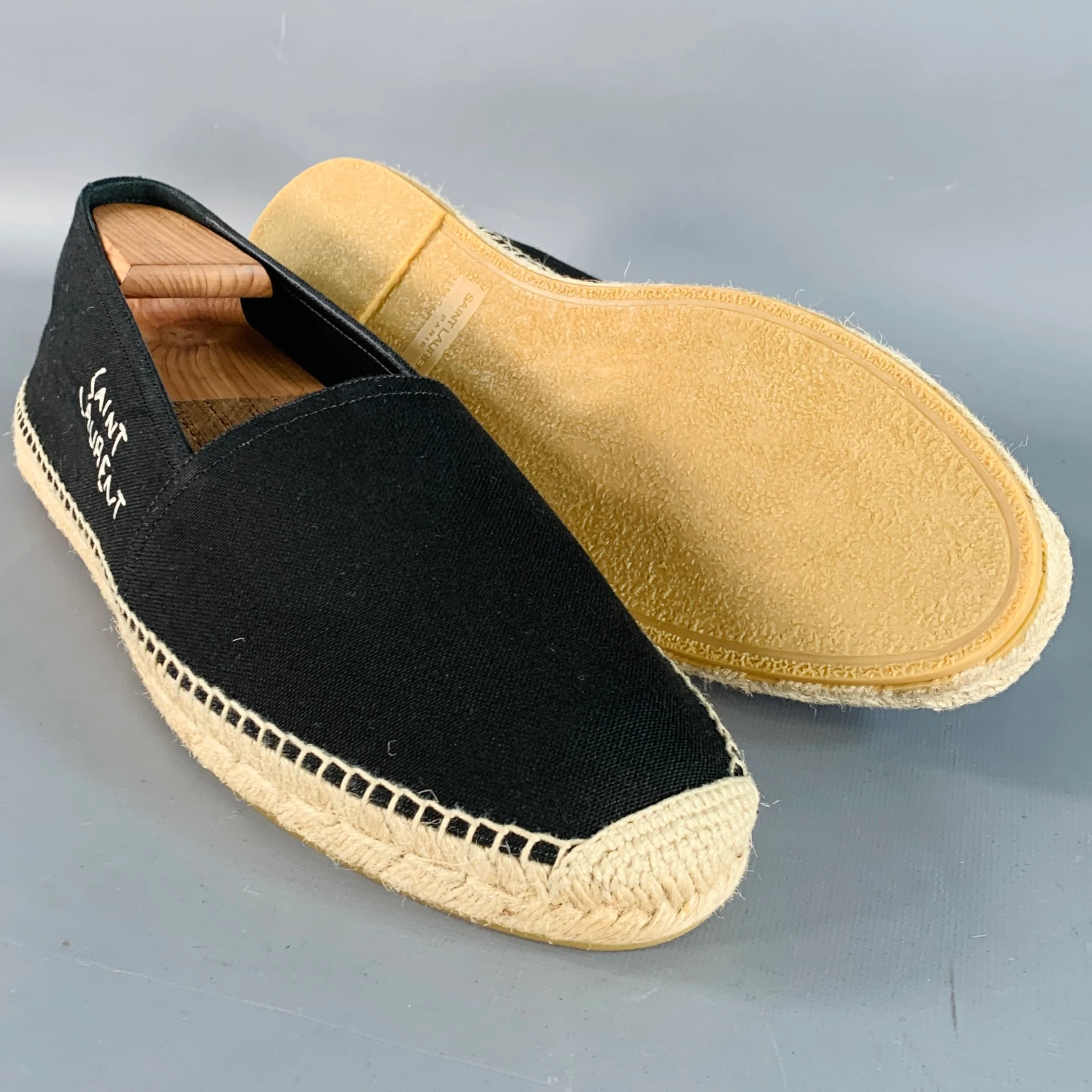 SAINT LAURENT Size 12 Black Natural Embroidered Logo Canvas Espadrille Sneakers - Image 6