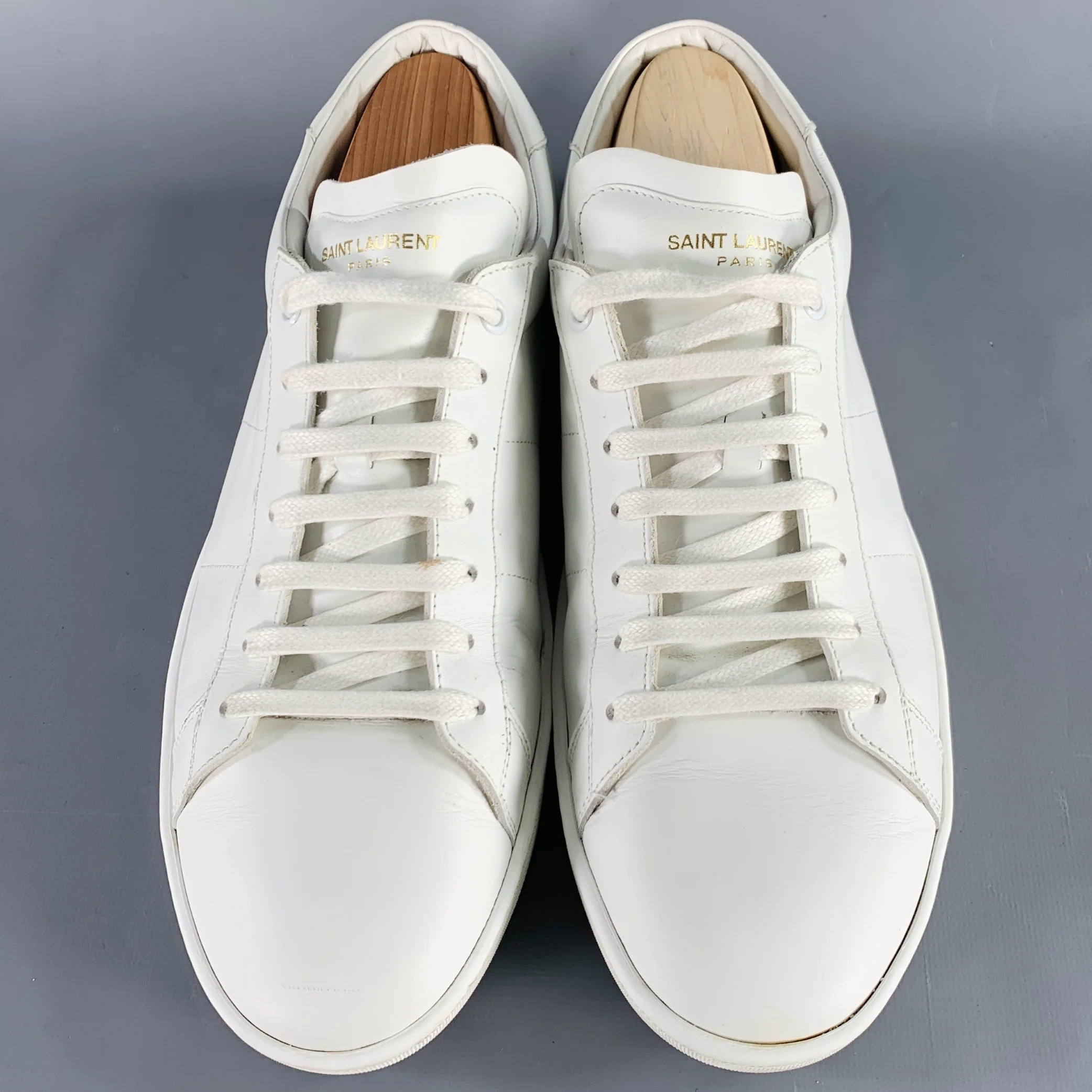 SAINT LAURENT Size 12 White Leather Low Top Sneakers - Image 4