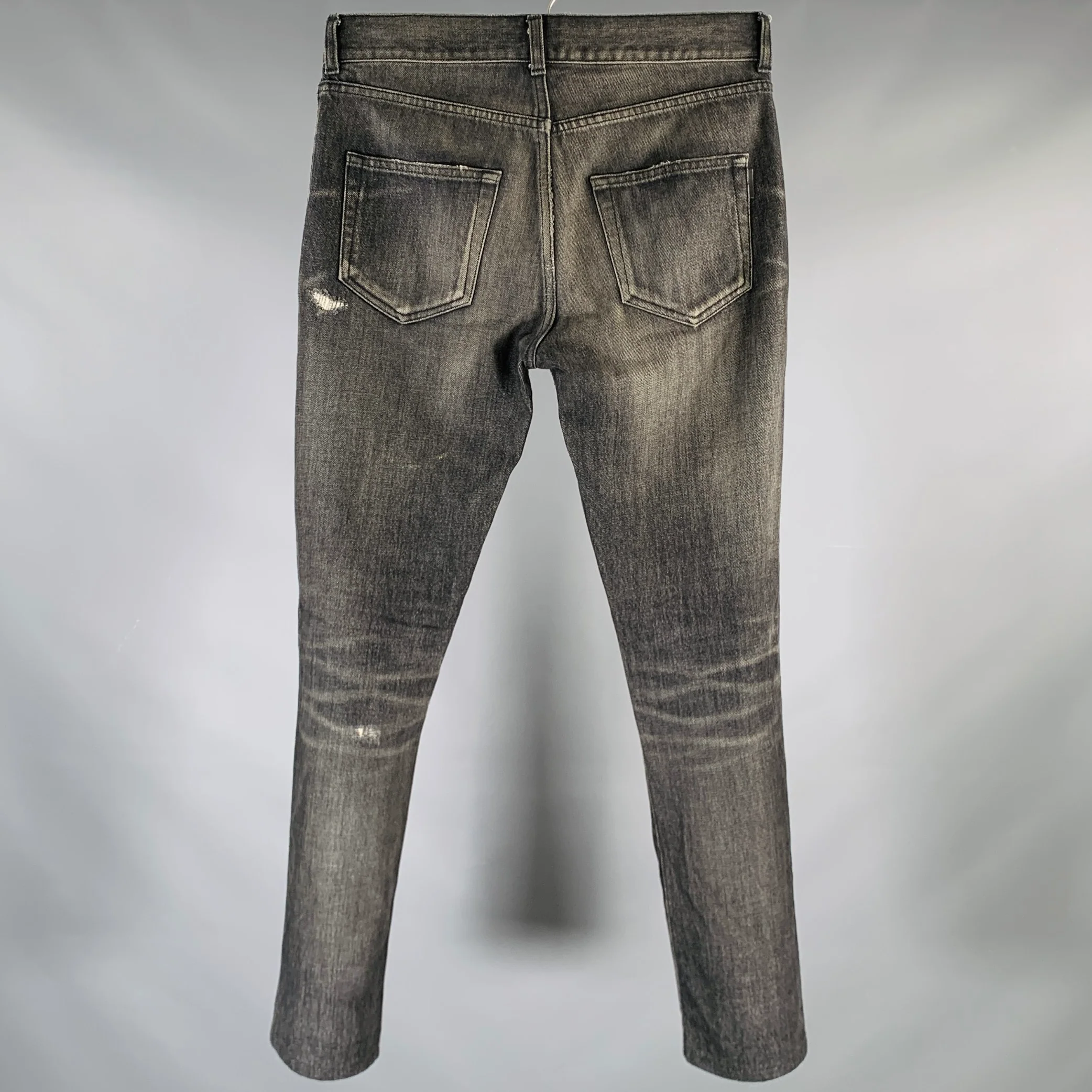 SAINT LAURENT Size 28 Grey Charcoal Distressed Cotton Straight Jeans - Image 2