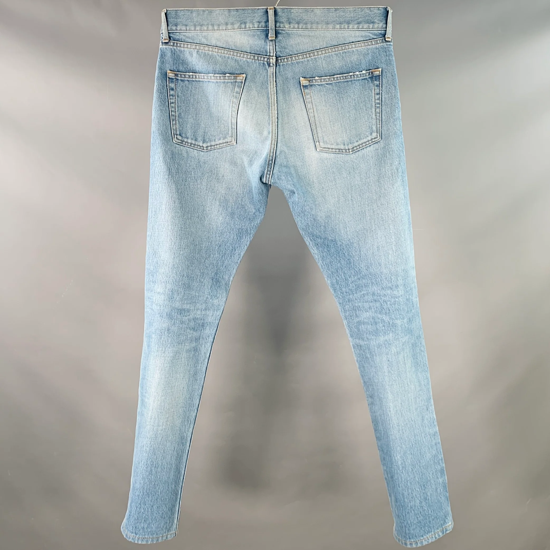 SAINT LAURENT Size 30 Blue Distressed Cotton 5 Pocket Jeans - Image 3