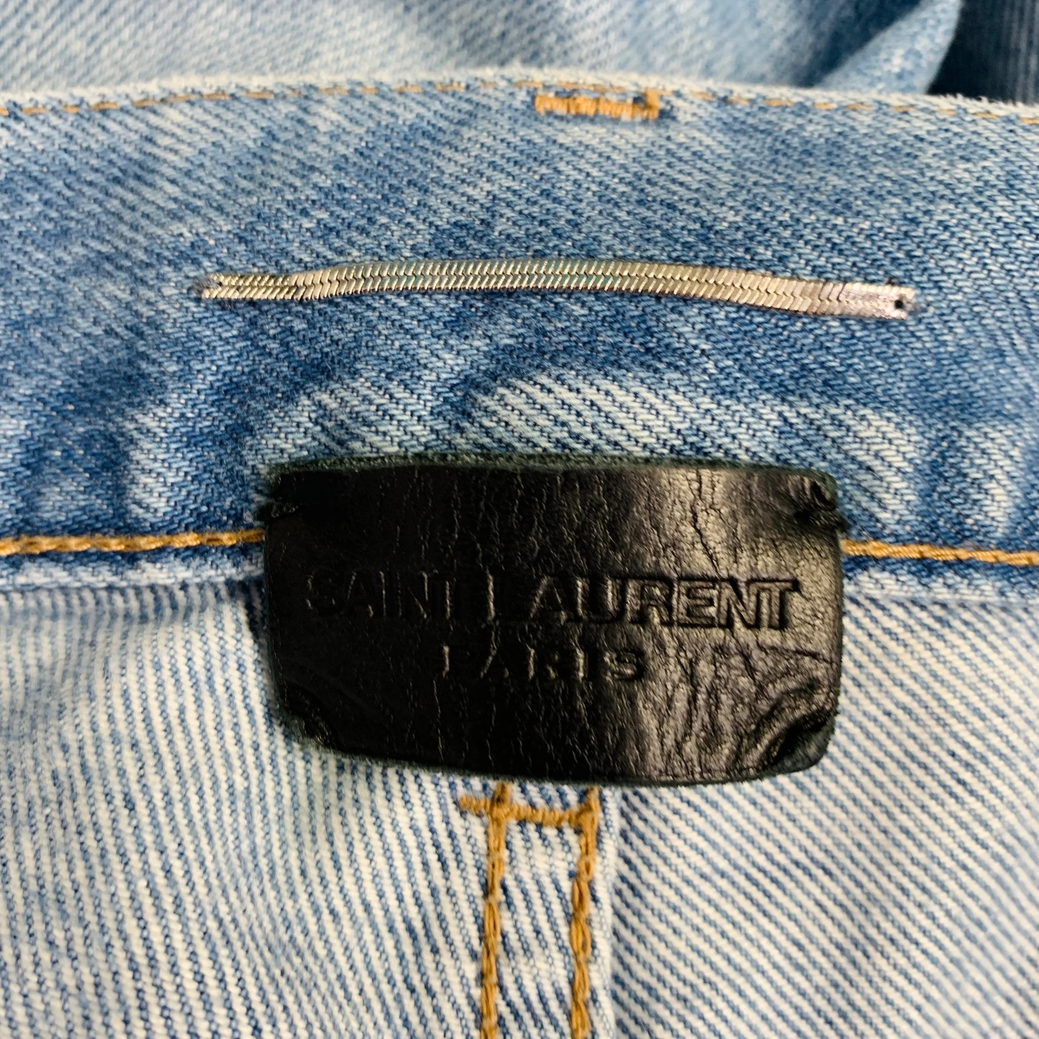 SAINT LAURENT Size 30 Blue Distressed Cotton 5 Pocket Jeans - Image 4