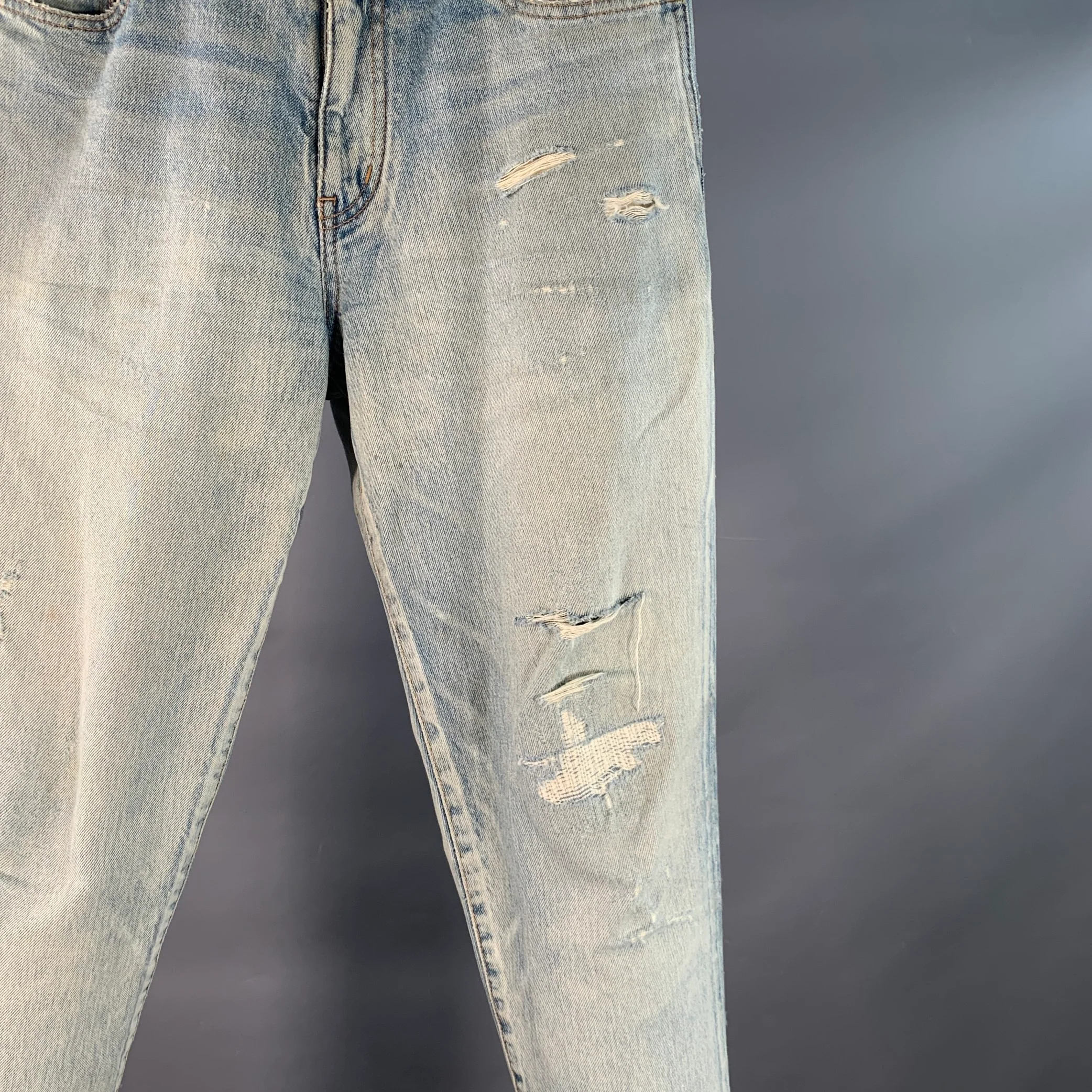 SAINT LAURENT Size 31 Blue Distressed Cotton Tapered Zip Fly Jeans - Image 2