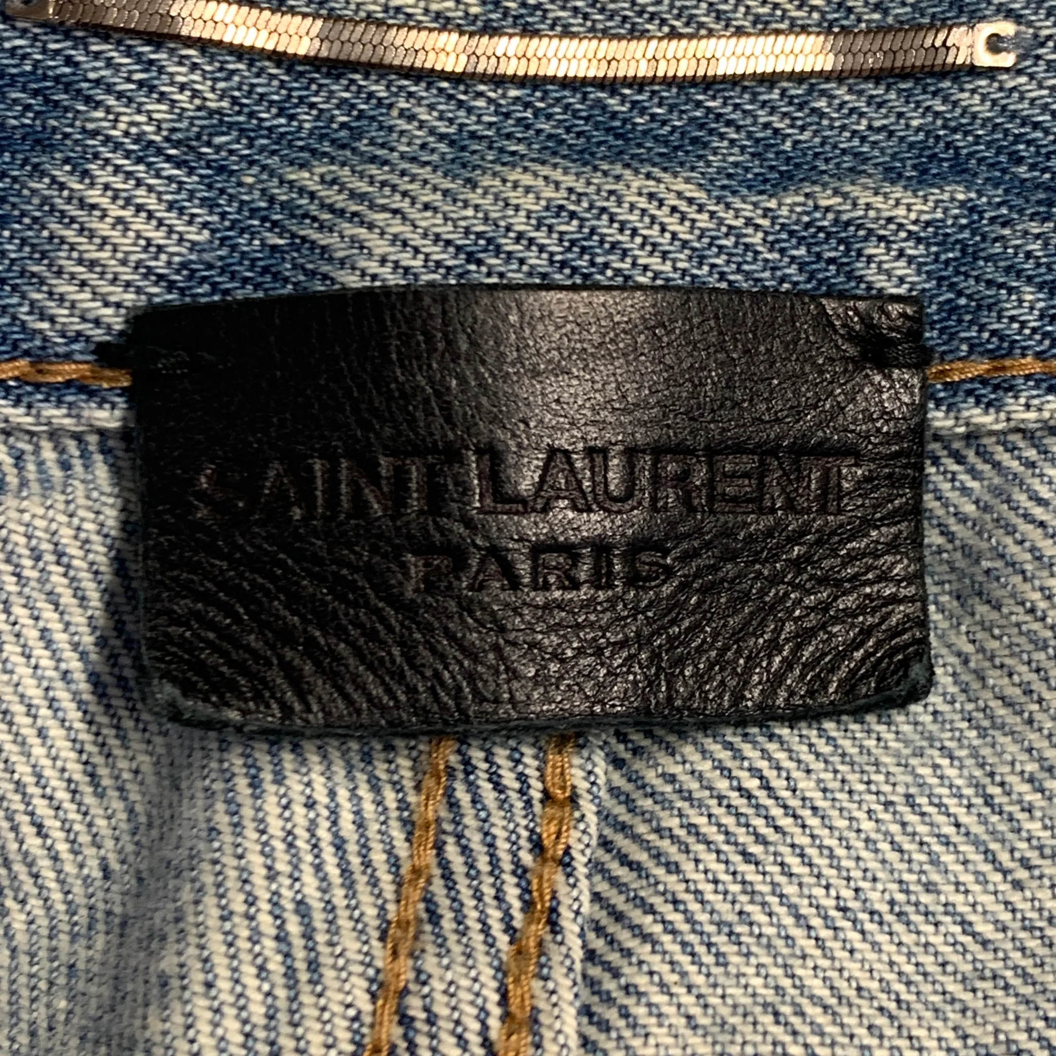 SAINT LAURENT Size 31 Blue Distressed Cotton Tapered Zip Fly Jeans - Image 5