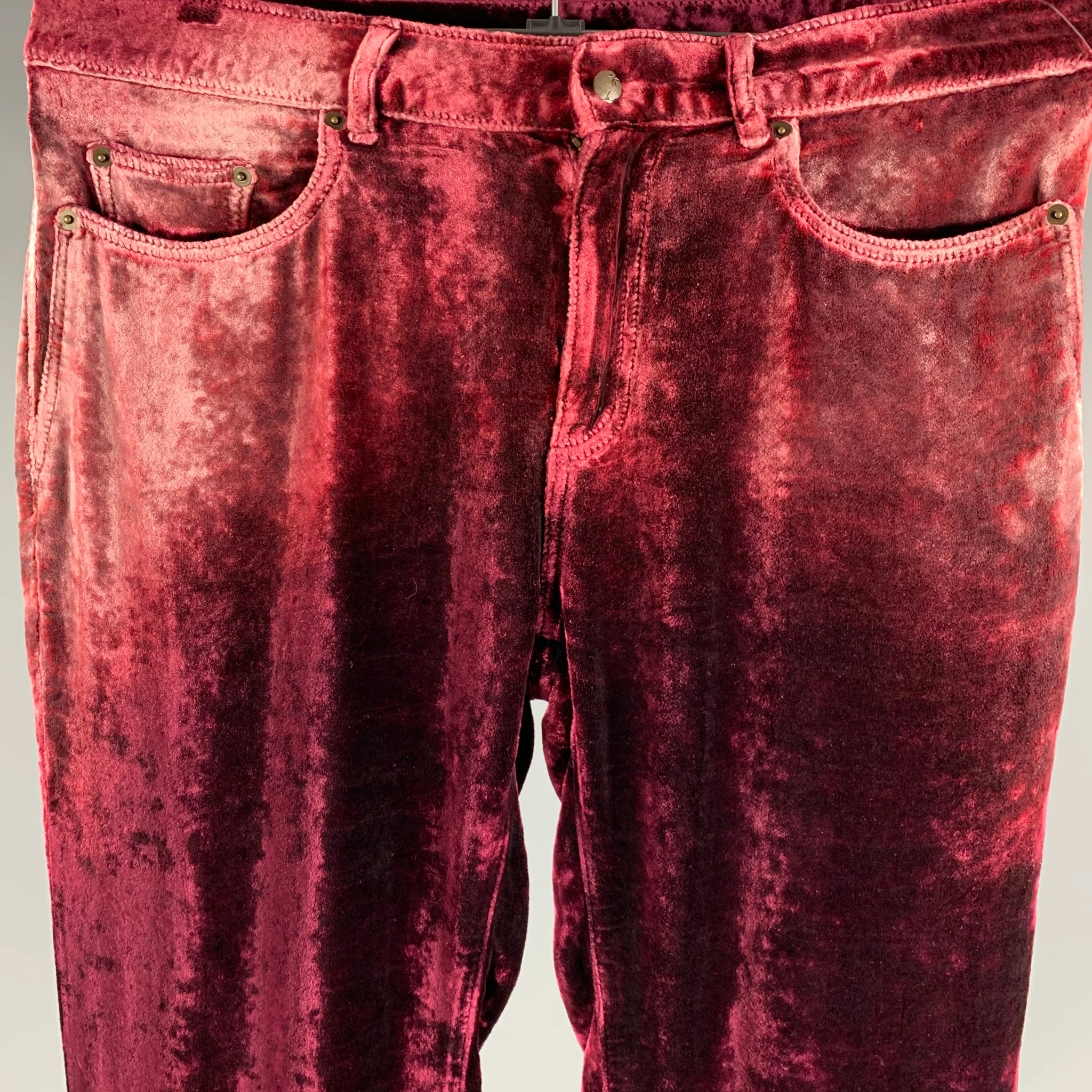 SAINT LAURENT Size 33 Burgundy Velvet Viscose Silk Jean Cut Casual Pants - Image 2