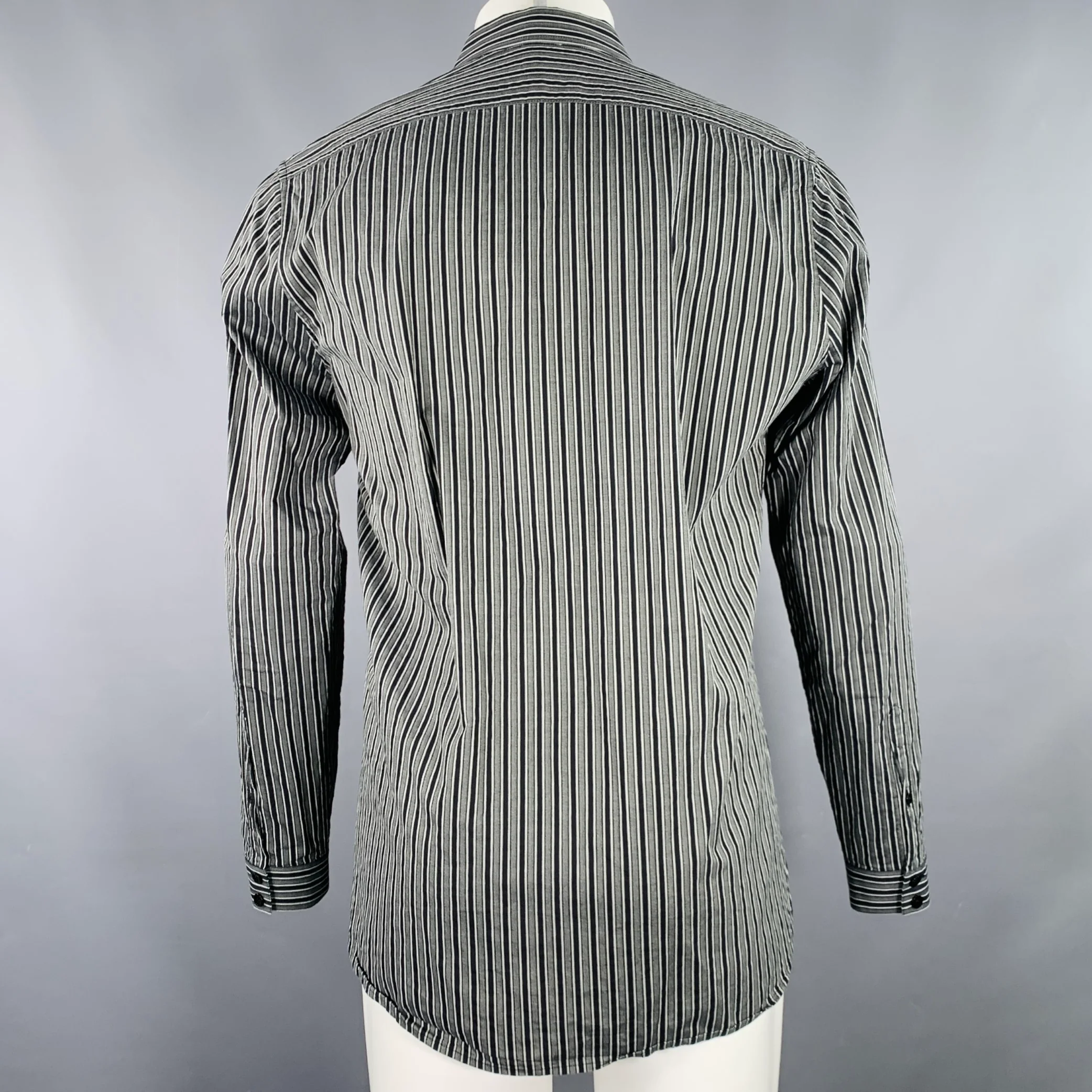 SAINT LAURENT Size 40 Black Grey Stripe Cotton Spread Collar Long Sleeve Shirt - Image 4