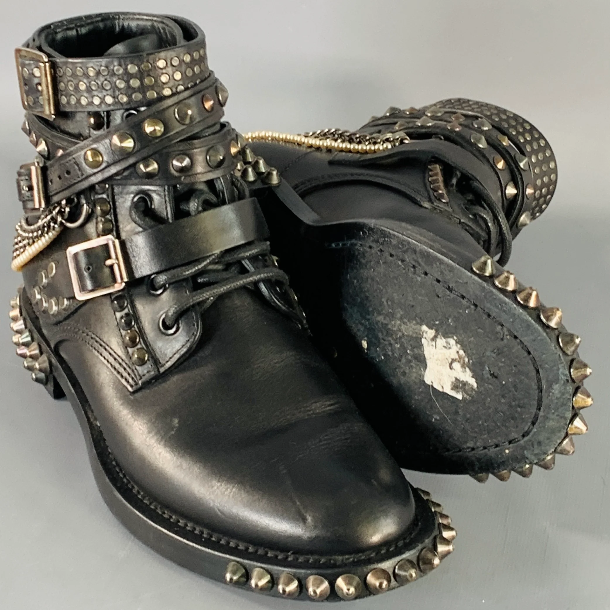 SAINT LAURENT Size 6.5 Black Studded Leather Lace-Up Belted Boots - Image 6