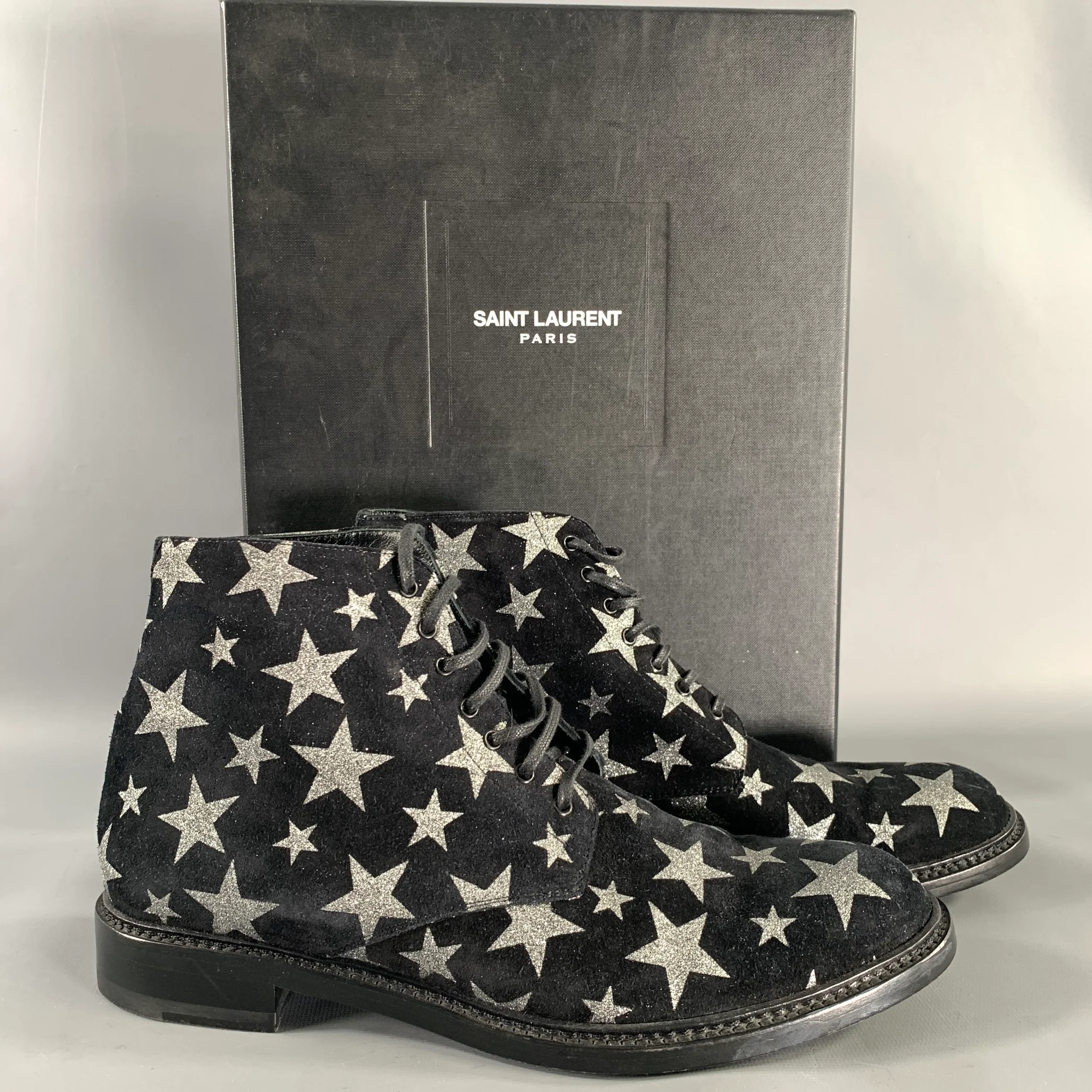 SAINT LAURENT Size 7.5 Black Silver Stars Leather Lace Up Boots - Image 10