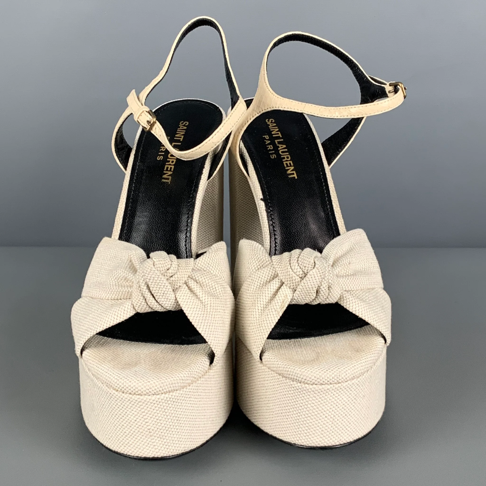 SAINT LAURENT Size 7.5 Cream Canvas Platform Sandals - Image 4