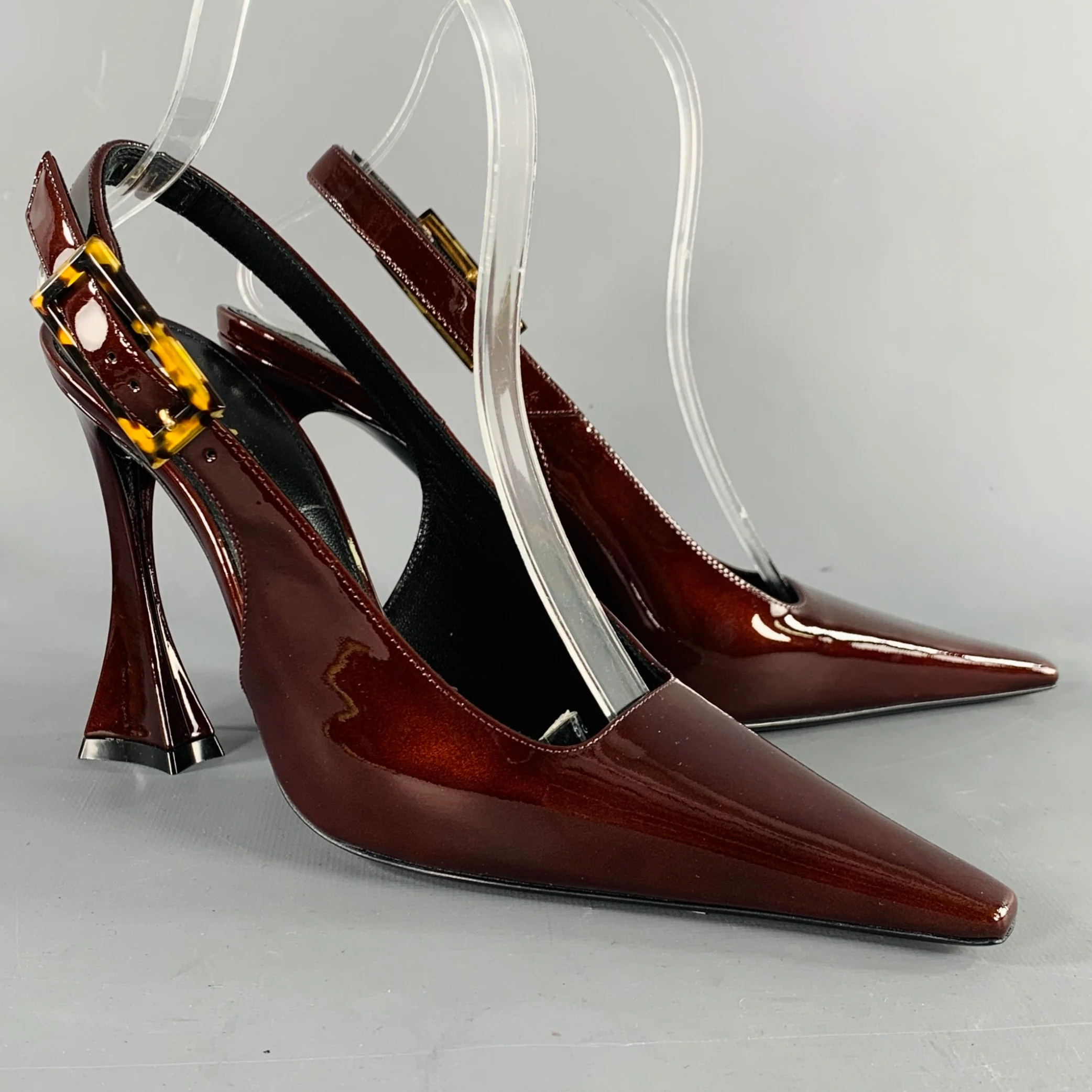 SAINT LAURENT Size 7 Dune Brown Patent Leather Slingback Pumps