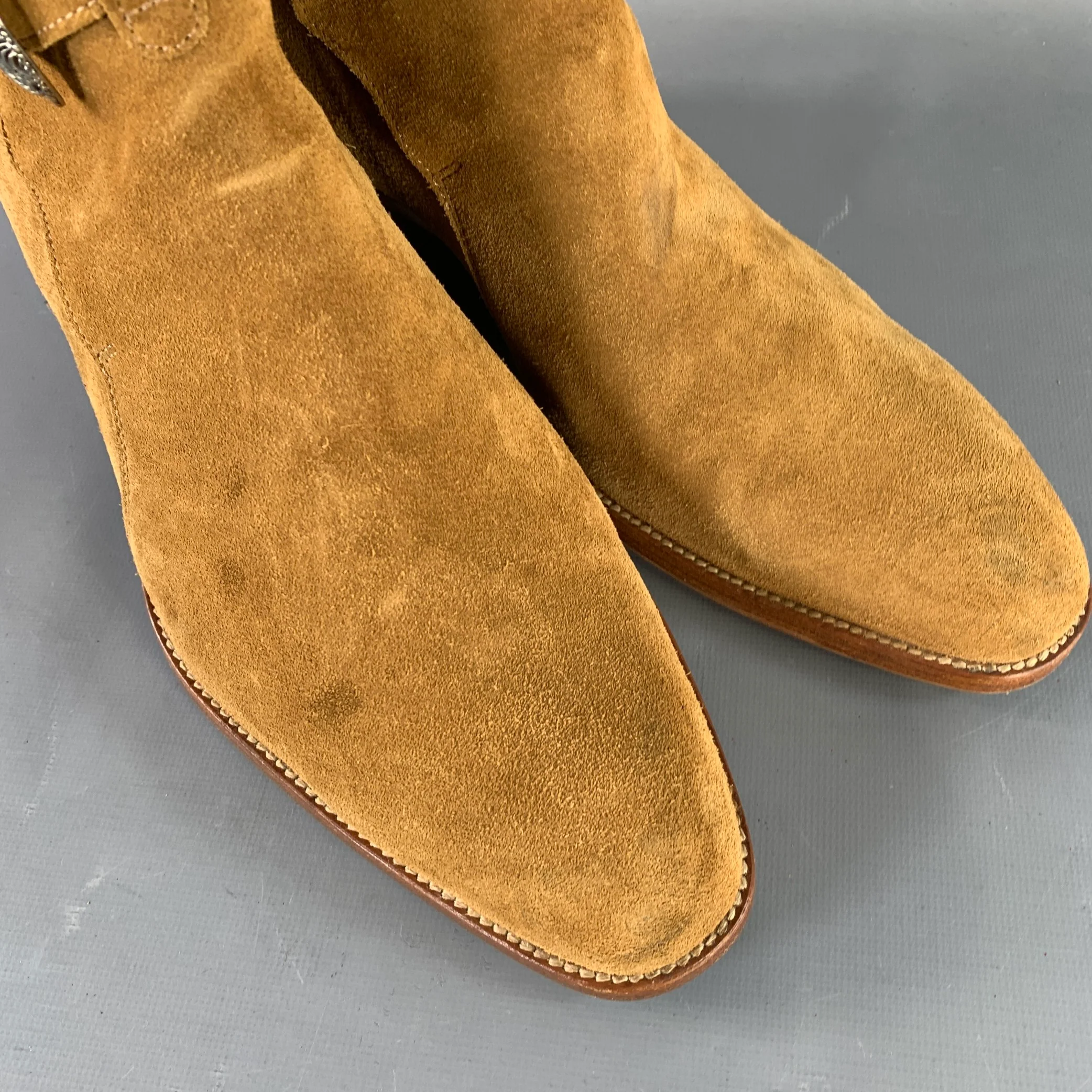 SAINT LAURENT Size 8 Hedi Strap Tan Silver Suede Western Buckle Boots - Image 10