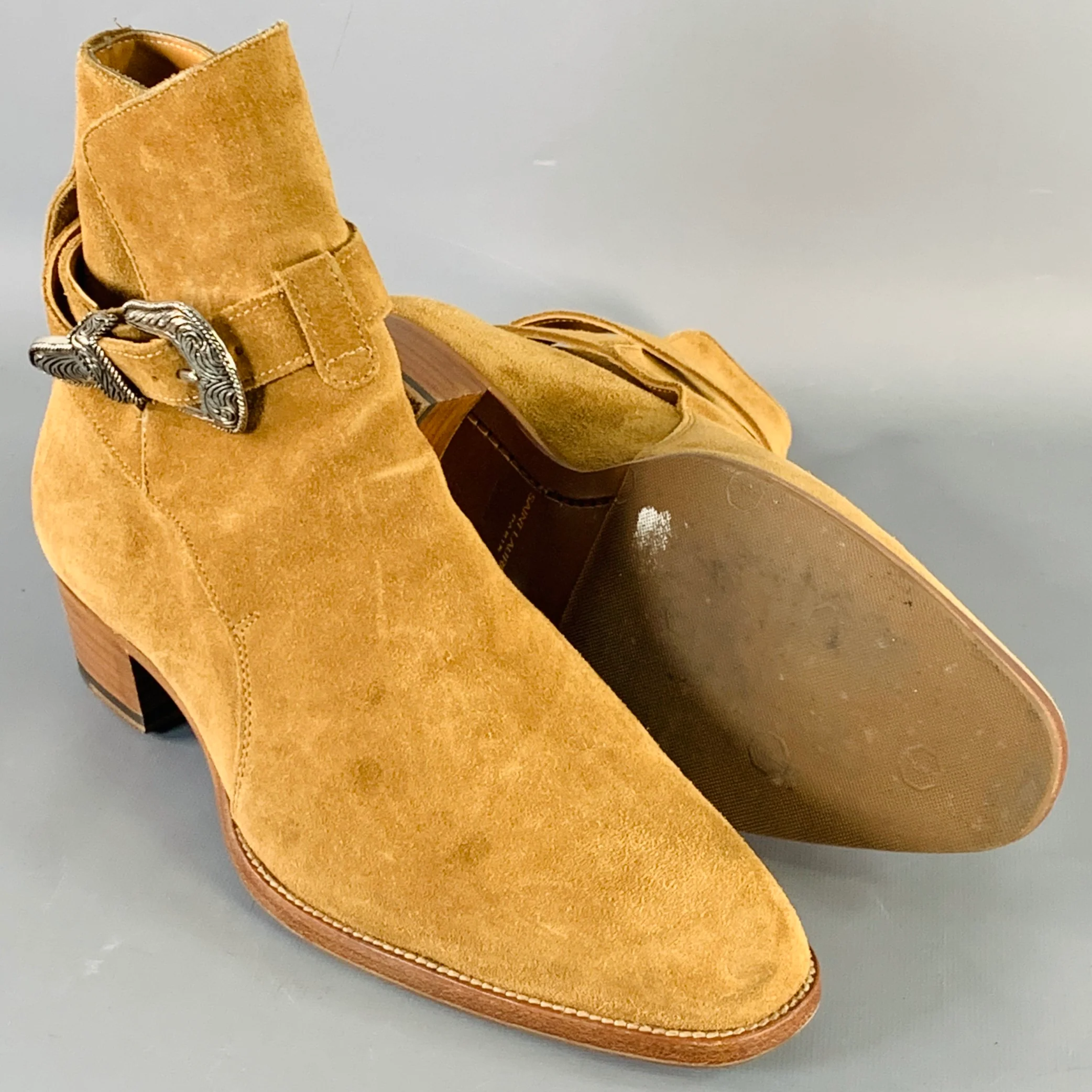SAINT LAURENT Size 8 Hedi Strap Tan Silver Suede Western Buckle Boots - Image 6