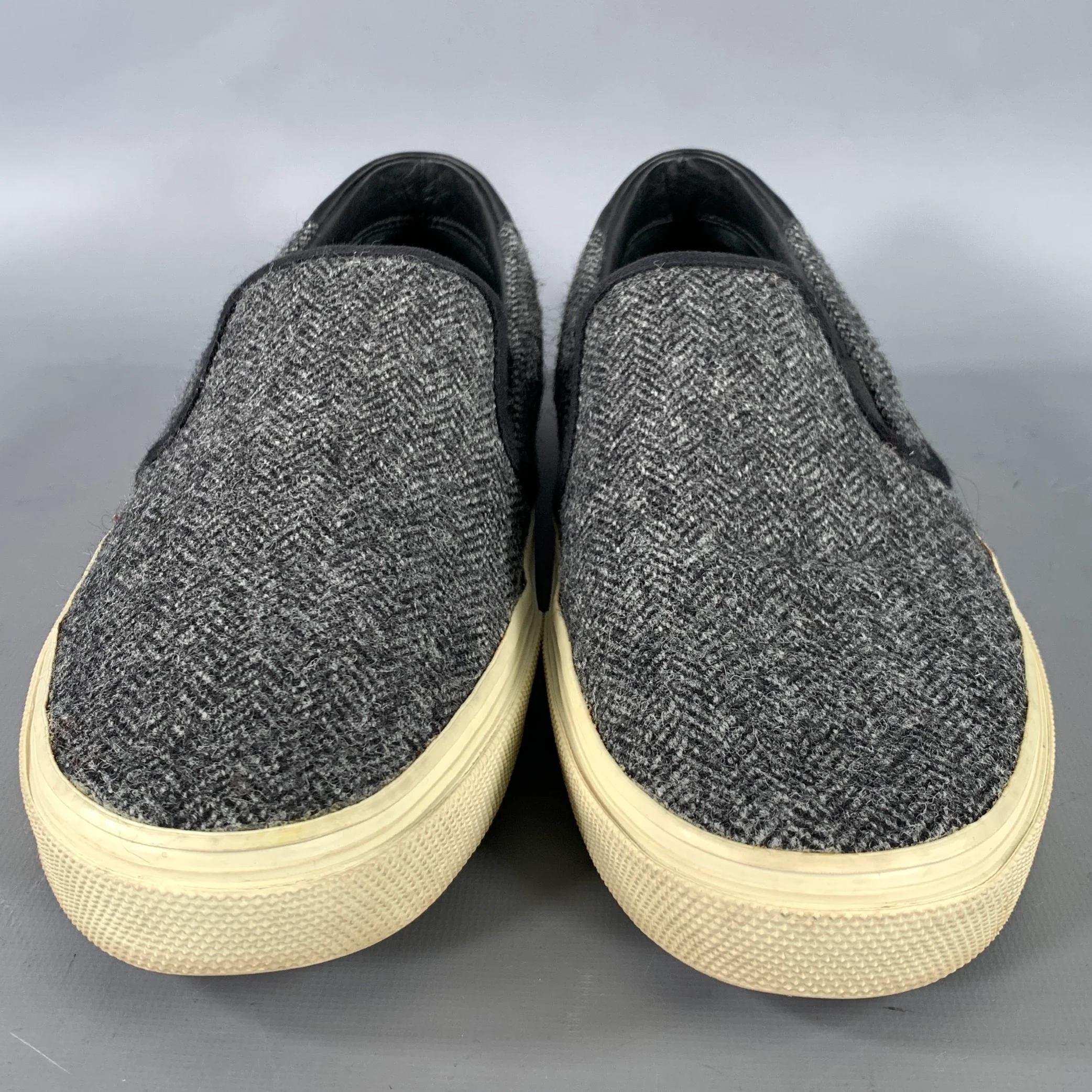 SAINT LAURENT Size 9 Grey Black Herringbone Wool Slip On Sneakers - Image 4