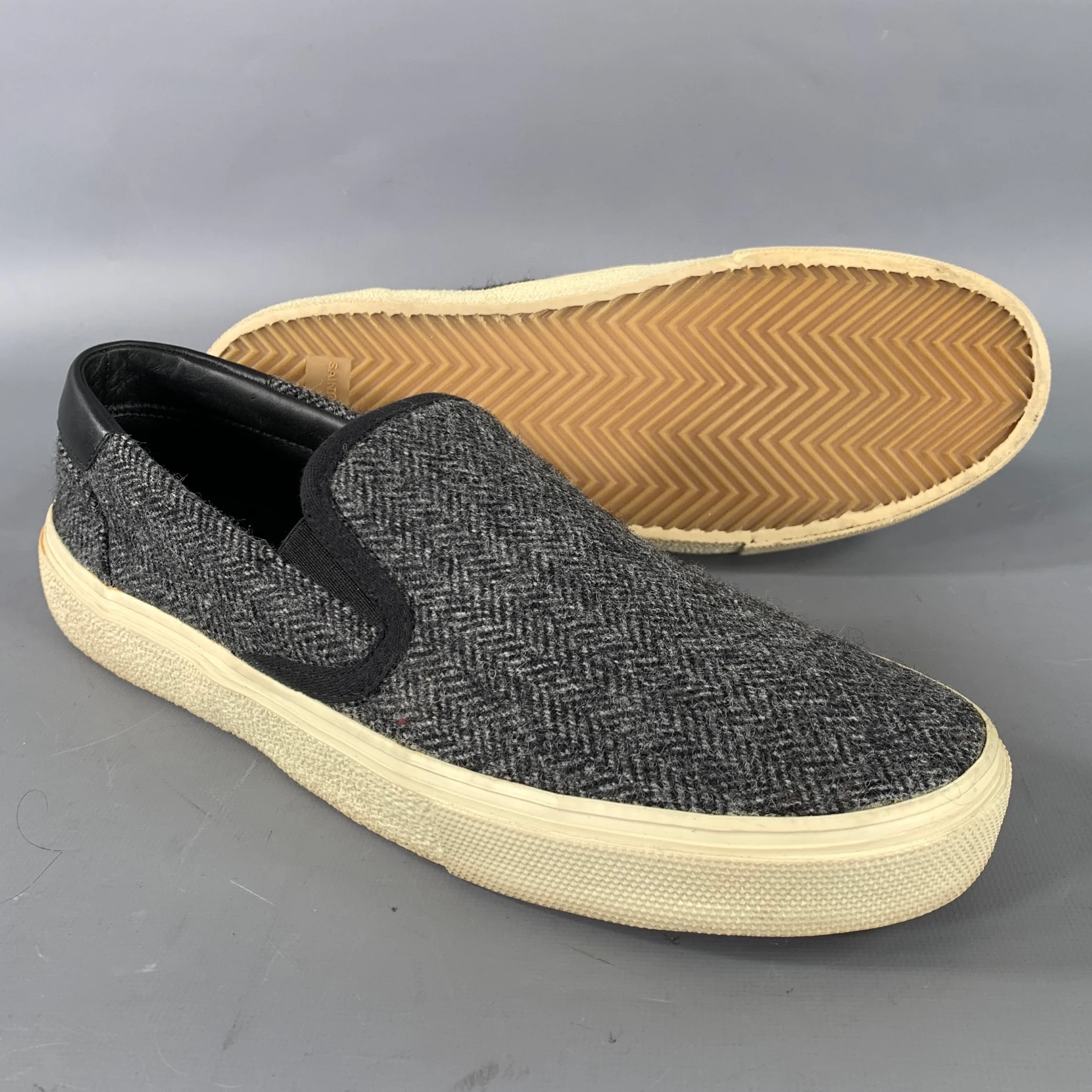 SAINT LAURENT Size 9 Grey Black Herringbone Wool Slip On Sneakers - Image 5