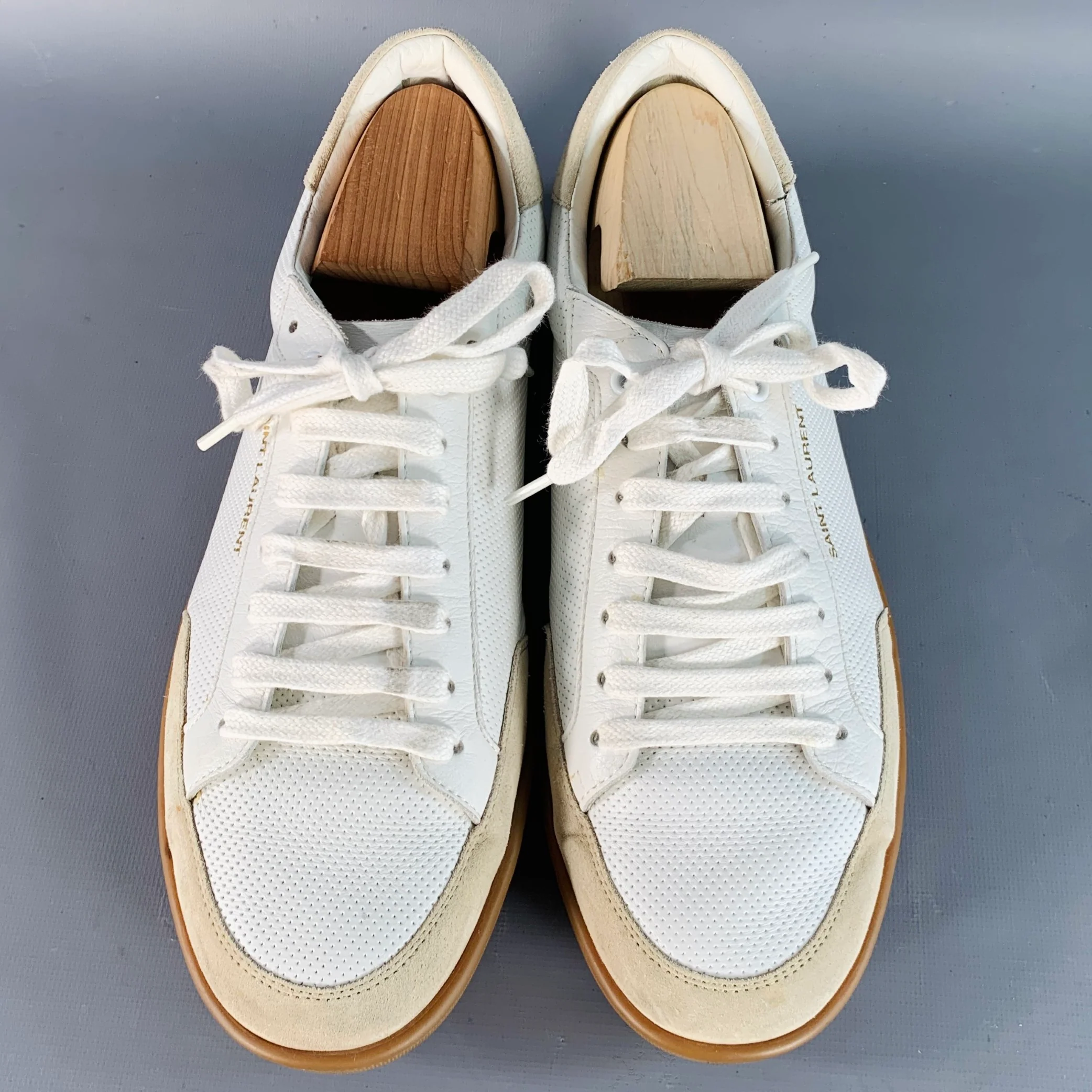 SAINT LAURENT Size 9 White Beige Perforated Leather Sneakers - Image 4