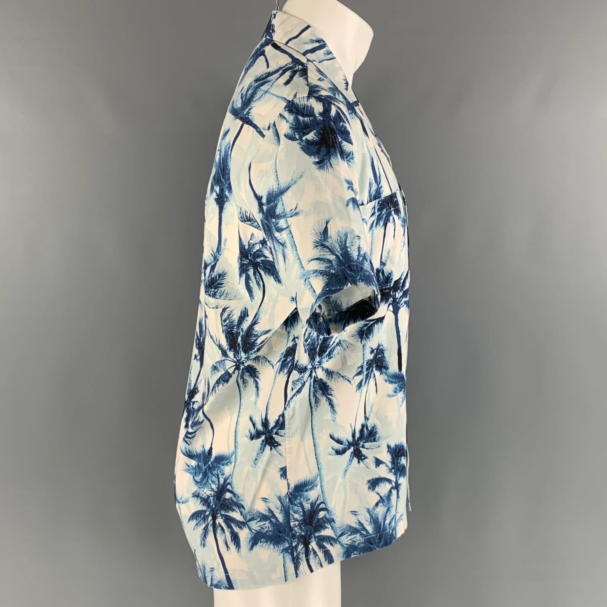 SAINT LAURENT Size M Blue White Palms Cotton Camp Short Sleeve Shirt - Image 2