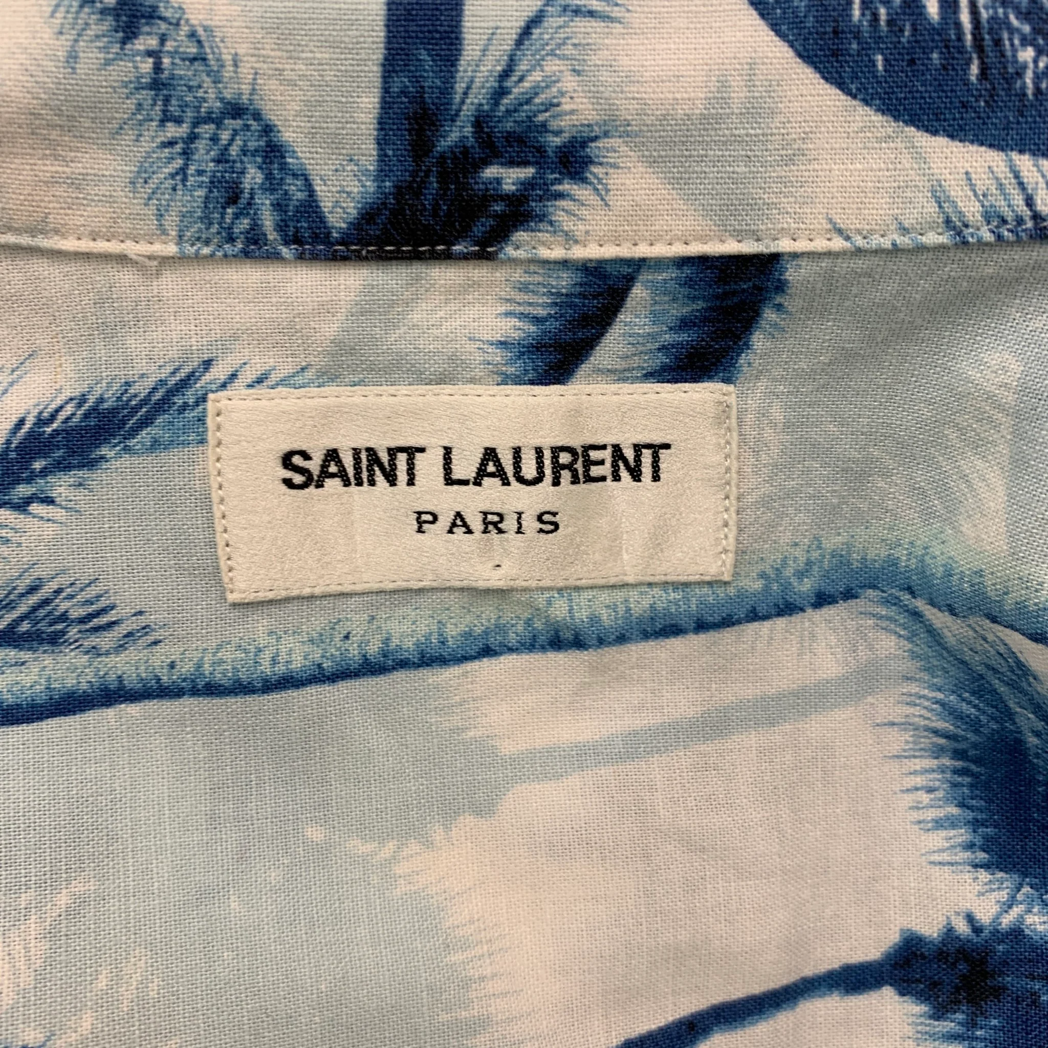 SAINT LAURENT Size M Blue White Palms Cotton Camp Short Sleeve Shirt - Image 4