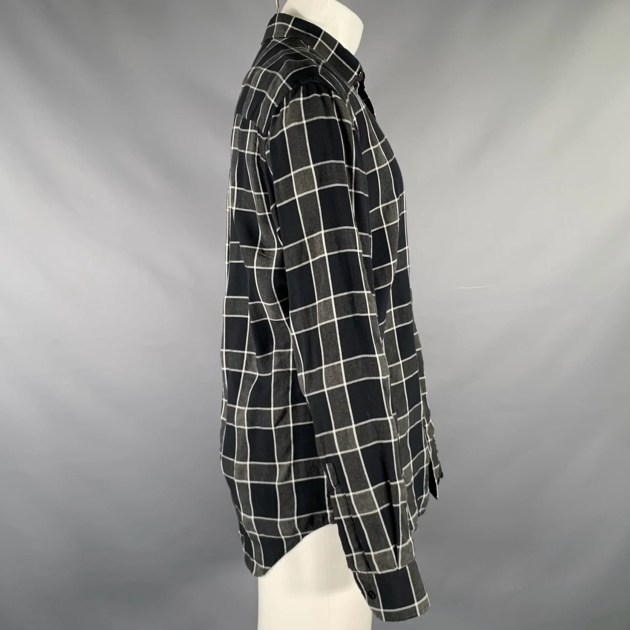 SAINT LAURENT Size M Grey Black White Plaid Tencel Viscose Long Sleeve Shirt - Image 2
