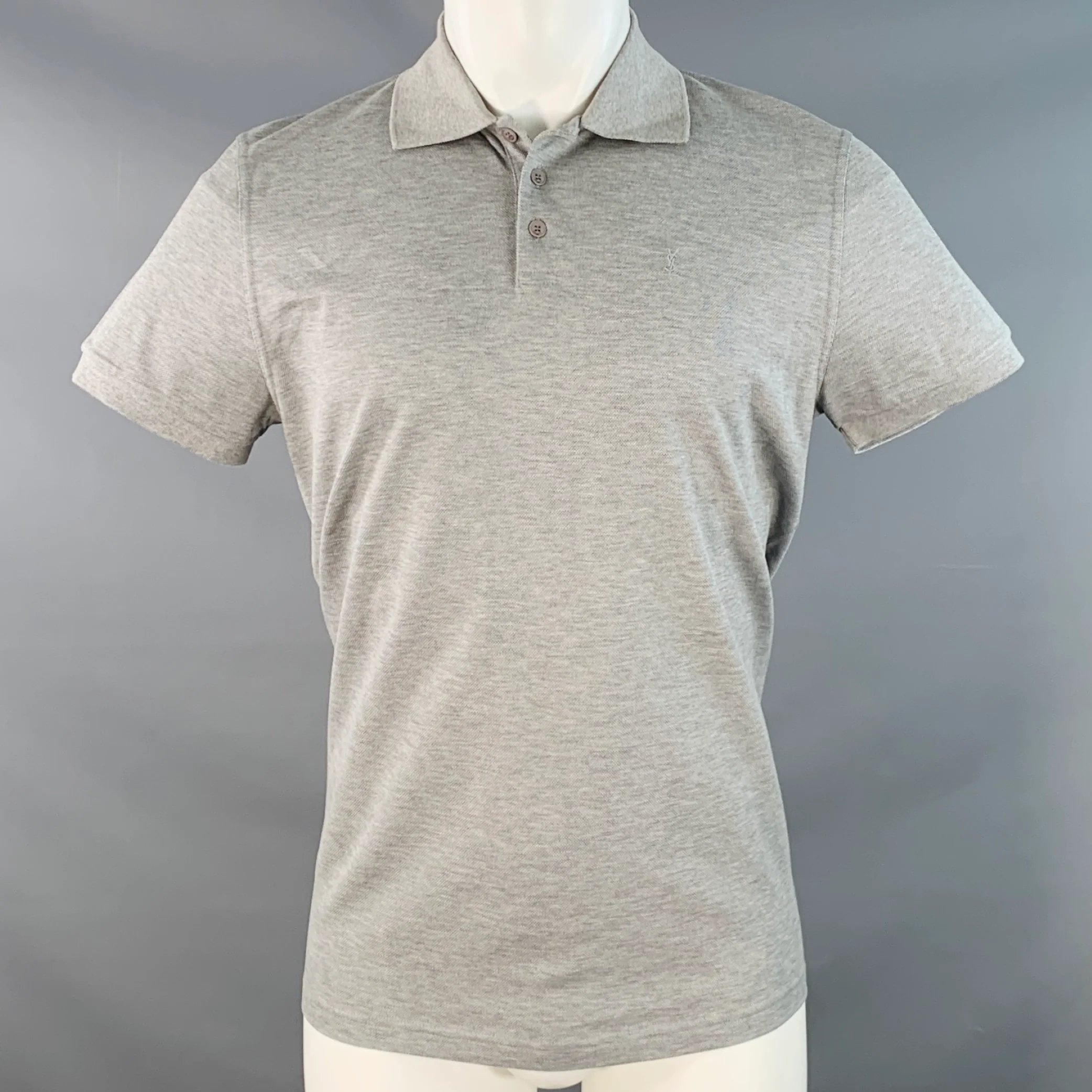 SAINT LAURENT Size M Grey Pique Cotton Logo Short Sleeve Polo