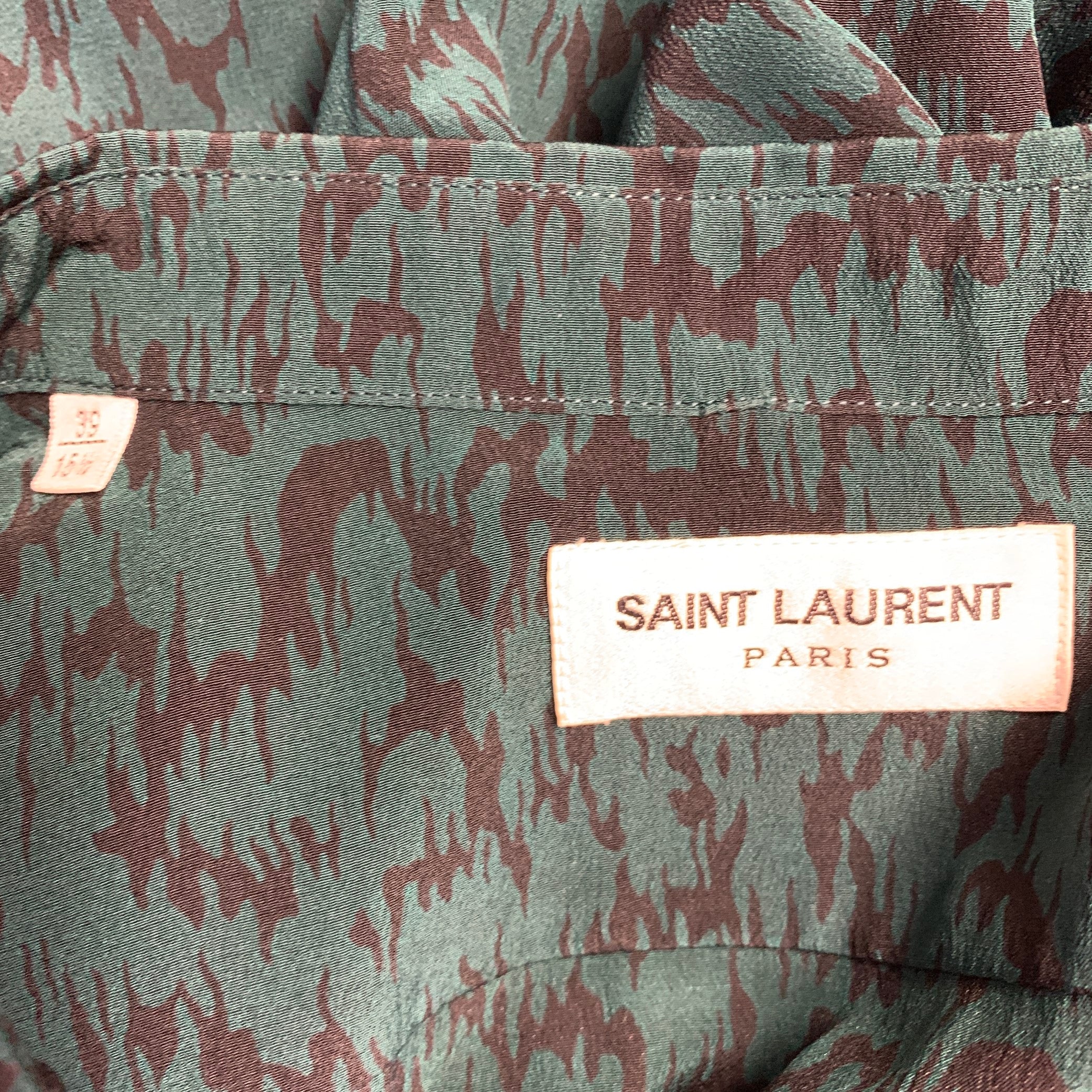 SAINT LAURENT Size S Green Black Abstract Zig Zag Silk Spread Collar Short Sleeve Shirt - Image 5