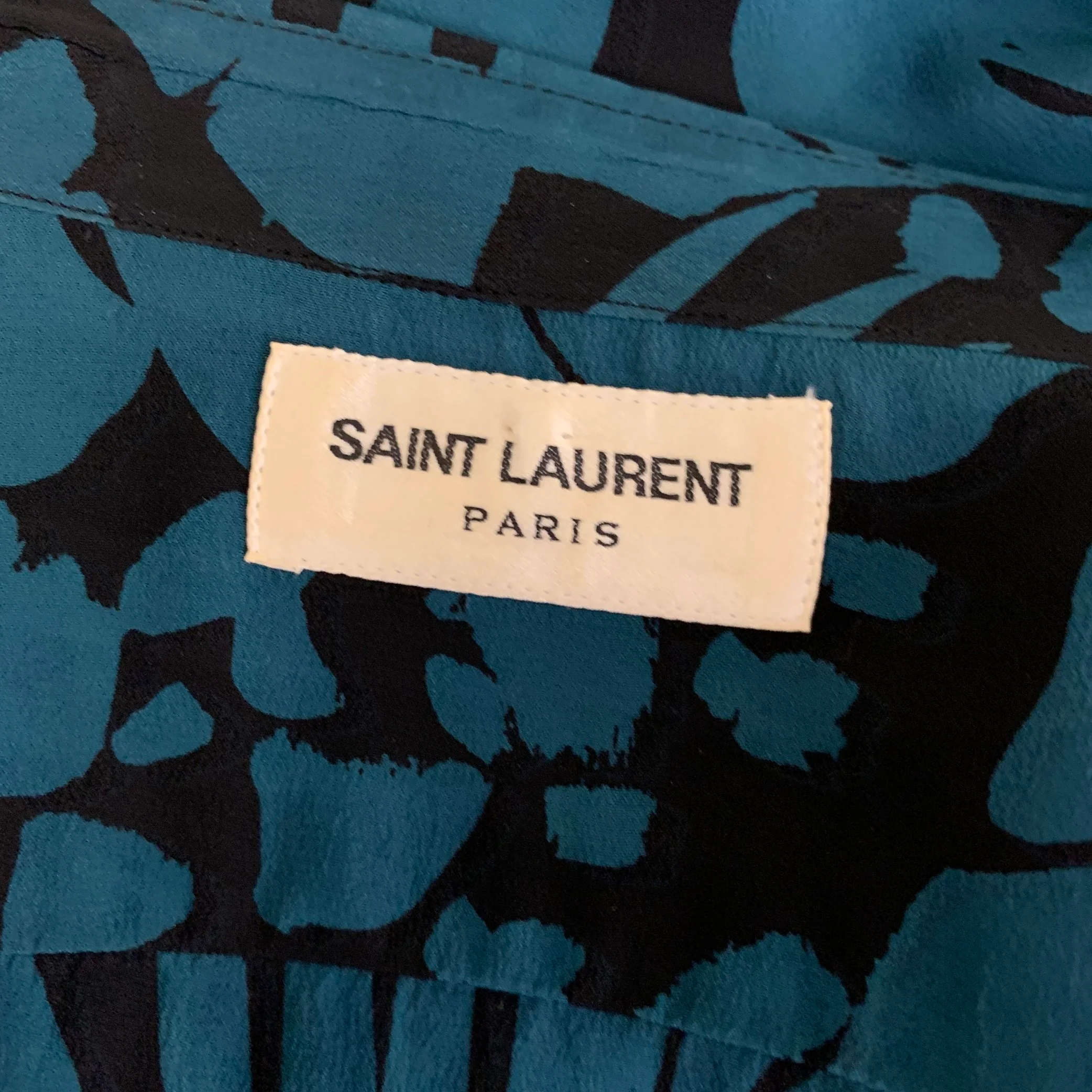 SAINT LAURENT Size S Turquoise Black Abstract Floral Silk Short Sleeve Shirt - Image 5