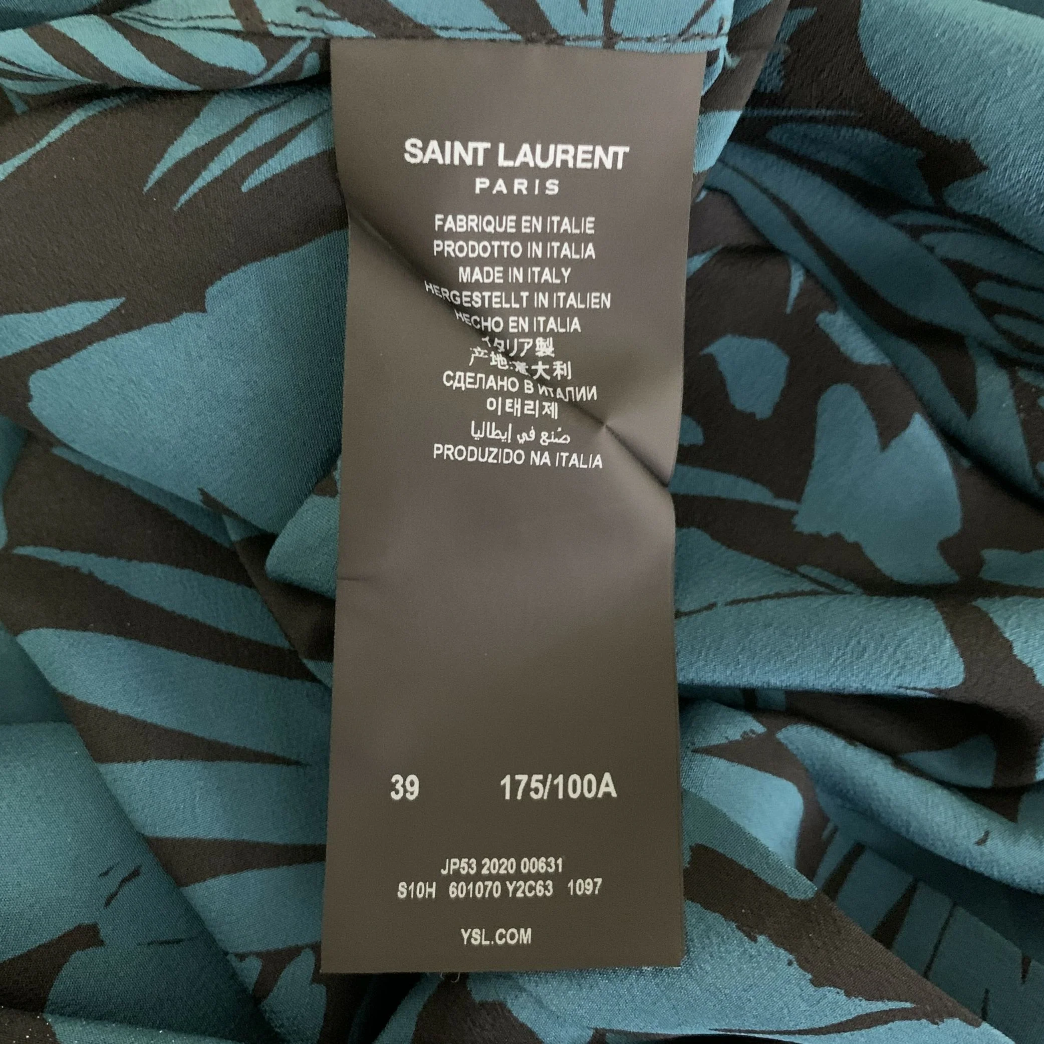 SAINT LAURENT Size S Turquoise Black Abstract Floral Silk Short Sleeve Shirt - Image 7