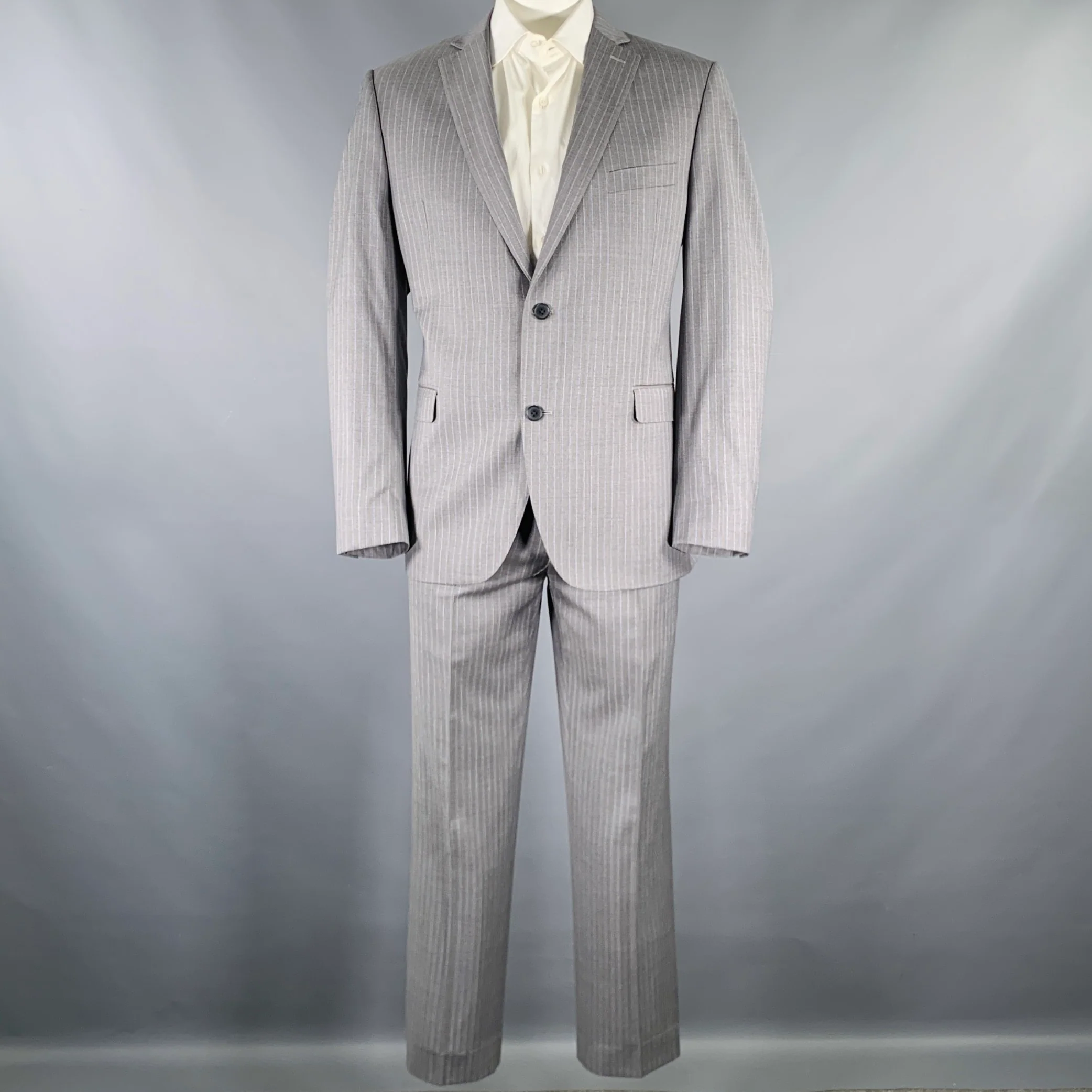 SAKS FIFTH AVENUE Size 44 Grey Blue Stripe Wool Silk Notch Lapel Suit - Image 2