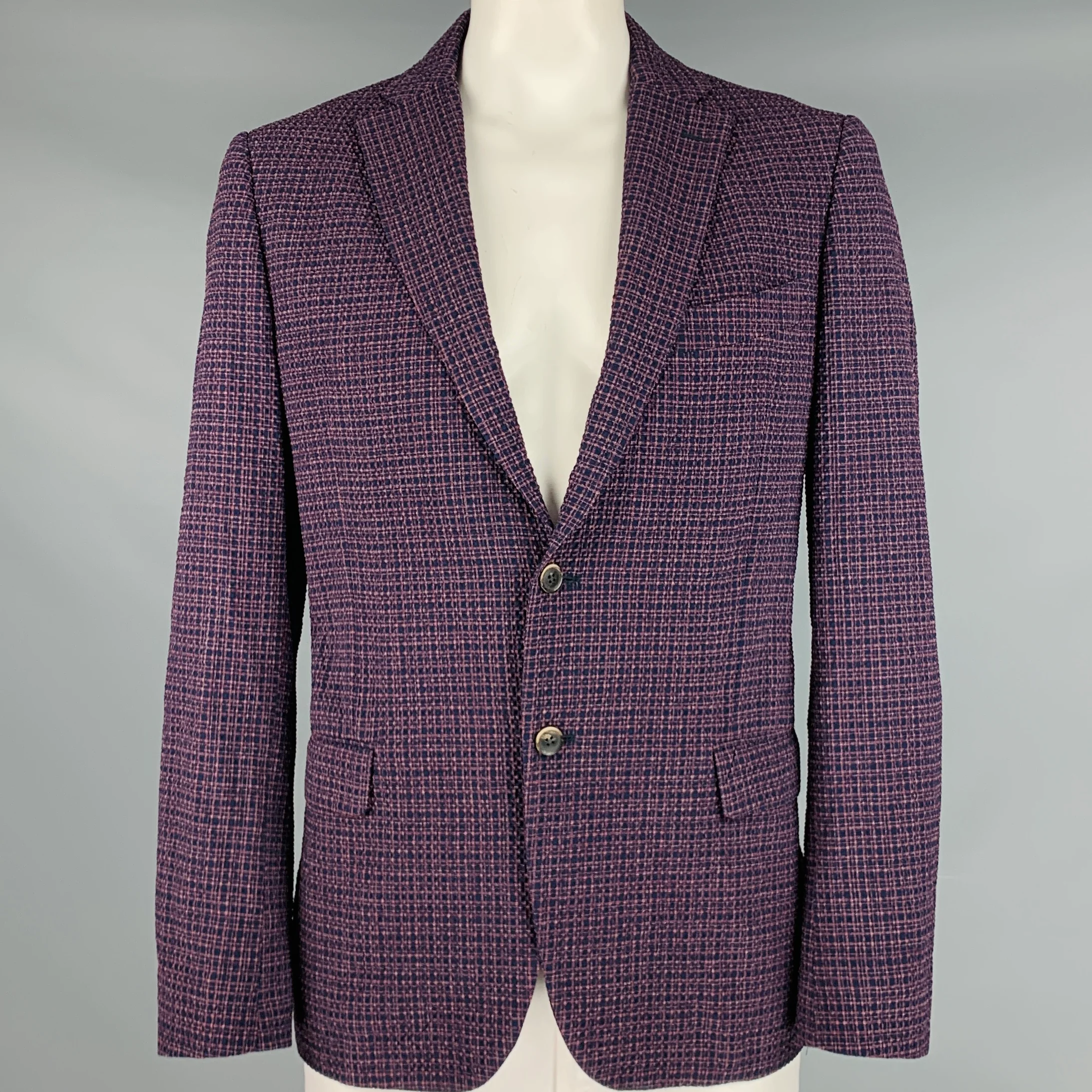 SAKS FIFTH AVENUE Size 44 Purple Navy Plaid Wool Blend Sport Coat
