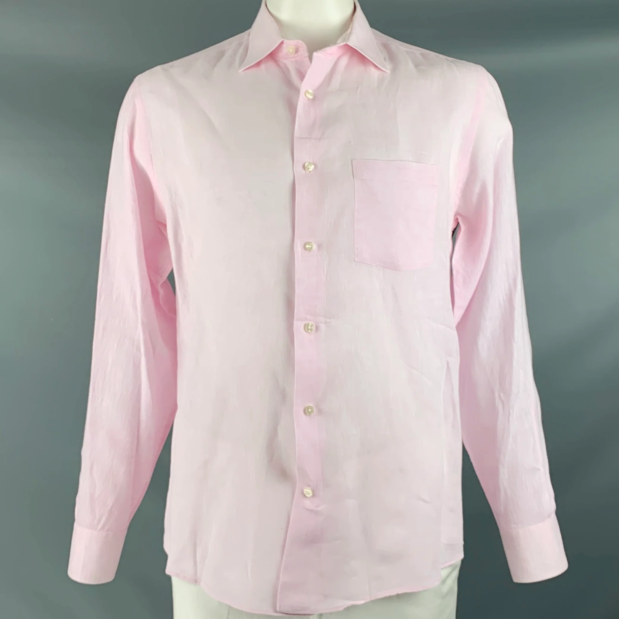 SAKS FIFTH AVENUE Size L Pink Linen Button Up Long Sleeve Shirt