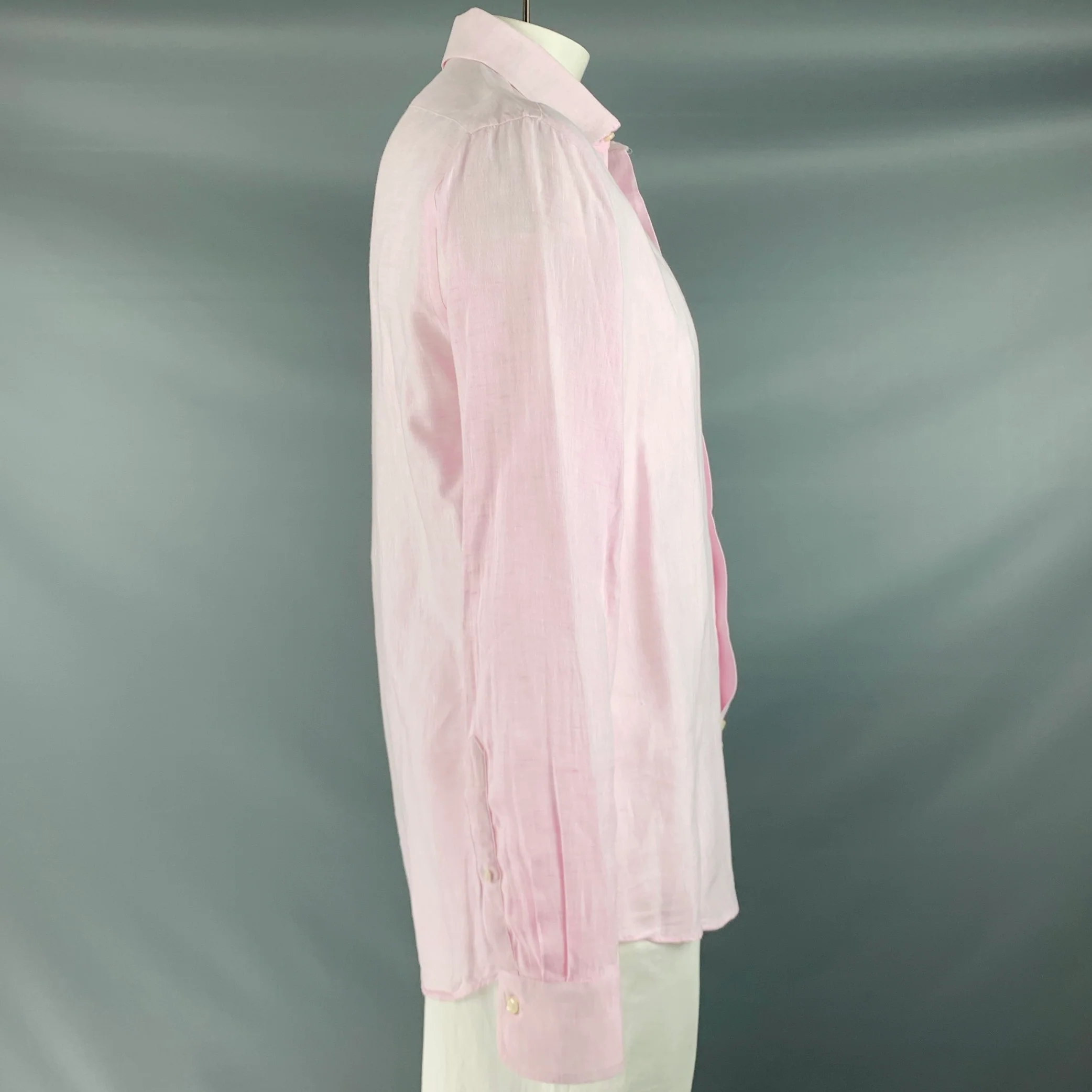 SAKS FIFTH AVENUE Size L Pink Linen Button Up Long Sleeve Shirt - Image 2